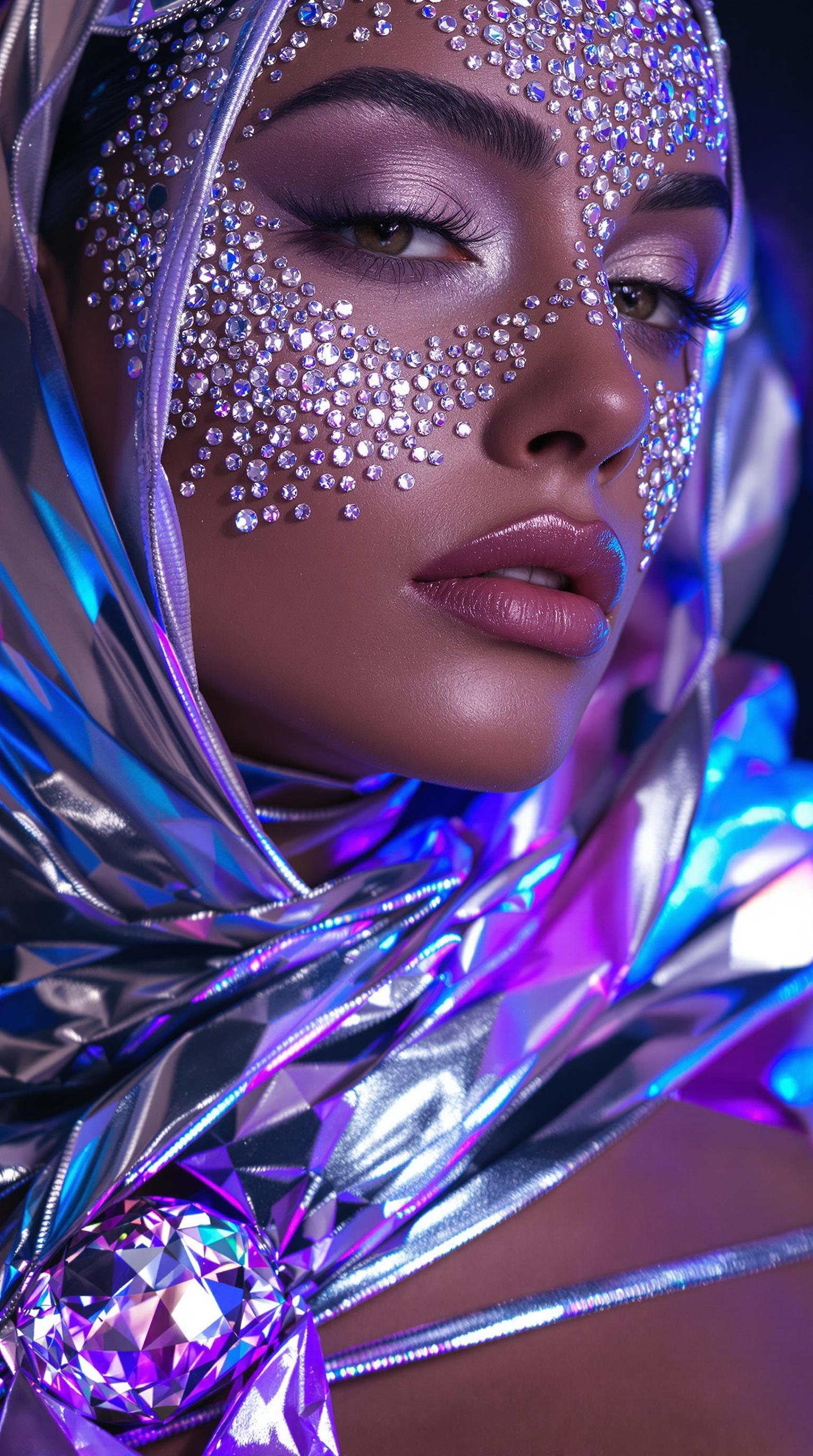 close-up of model's face adorned with crystal-studded makeup and shimmering metallic eyeshadow, metallic silver fabric wrapped around neck and shoulders, cool blue and purple light bouncing off reflective surfaces, sharp focus on eyes and gem textures, ultra shallow depth of field, Hasselblad H6D style image, beauty editorial framing, hyper detailed facial textures, rich deep colors, cinematic ambient light, elegant, intricate, complex