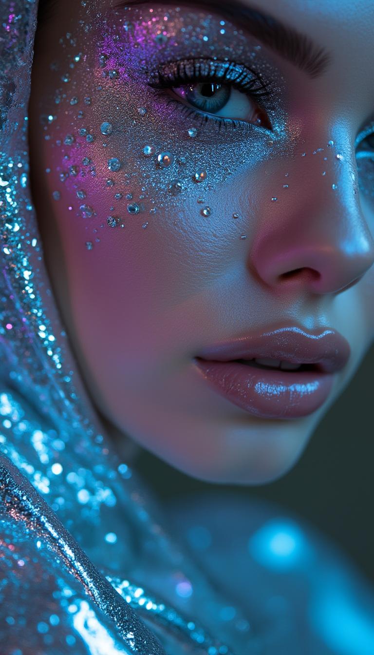 close-up of model's face adorned with crystal-studded makeup and shimmering metallic eyeshadow, metallic silver fabric wrapped around neck and shoulders, cool blue and purple light bouncing off reflective surfaces, sharp focus on eyes and gem textures, ultra shallow depth of field, Hasselblad H6D style image, beauty editorial framing, hyper detailed facial textures, rich deep colors, cinematic ambient light, elegant, intricate, complex
