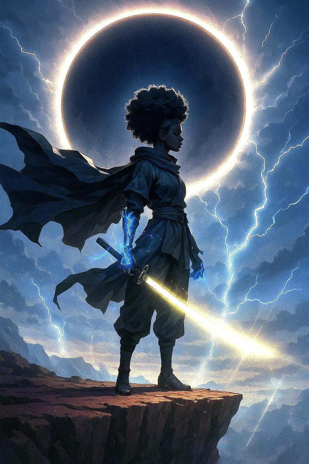 silent rebel afro samurai, lone Black female warrior on crimson cliff edge, glowing katana with ancient runes, massive eclipse in sky casting divine shadows, cloak flows like war banner, cybernetic arm crackling, lightning strikes frozen in time, anime-inspired afro-warrior aesthetic, cinematic lens flare, power and solitude