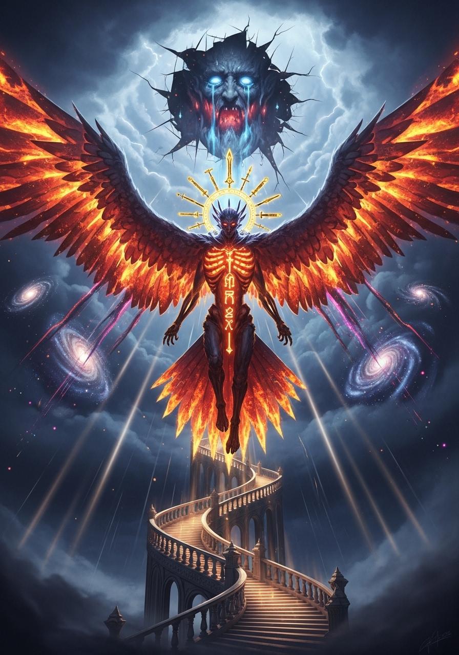 A breathtaking vision of a prehistoric world, where a colossal dragon emerges from the molten core of an ancient planet before the dawn of time. Its immense, serpentine body is coiled with translucent tectonic plates, glowing from within with fiery molten creation codes, pulsating like the heartbeat of the universe. The dragon's scales shimmer with iridescent hues, reflecting the colors of every extinct sky—deep violets, burning crimsons, and ghostly blues. Encircling its majestic crown, antediluvian monoliths orbit like forgotten moons, etched with cryptic runes of a lost era. With each breath, the dragon exhales oceans born from vaporized stardust, shimmering waves cascading into existence. Cosmic whales, ethereal and bioluminescent, swim gracefully through the dragon's radiant aura, their forms weaving through nebulae of light. Every motion of the dragon rewrites the laws of physics, ripples of energy cascading into the void, shaping space itself. Across its vast wingspan, ancient cave paintings animate in real-time, depicting primordial hunts and celestial prophecies in vivid, living detail. As the dragon speaks in resonant volcano tones, mountains crumble into delicate petals, drifting through the air like a surreal dream. The atmosphere glows with the divine light of genesis and astral rebirth, a primordial haze of golden and indigo mist enveloping the scene. The composition is grand and awe-inspiring, with the dragon centered as the focal point, its towering form captured from a low, dramatic camera angle, emphasizing its godlike presence against a backdrop of shattered planets and swirling cosmic dust. The mood is one of mythic wonder and surreal power, set in an eternal twilight where time has no meaning, illuminated by the soft, otherworldly glow of creation itself. Rendered in a style of primordial surreal mythology, blending hyper-detailed fantasy art with elements of cosmic realism, featuring intricate textures, dynamic lighting, and a sense of boundless scale.