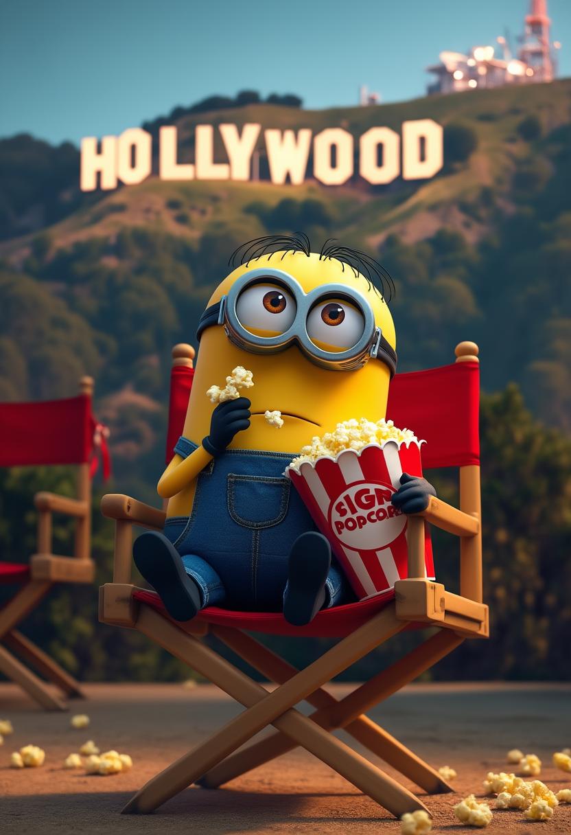 create an image of a minion holding a bag of popcorn, eating popcorn. He is sitting in a directors chair. Background the Hollywood sign. 