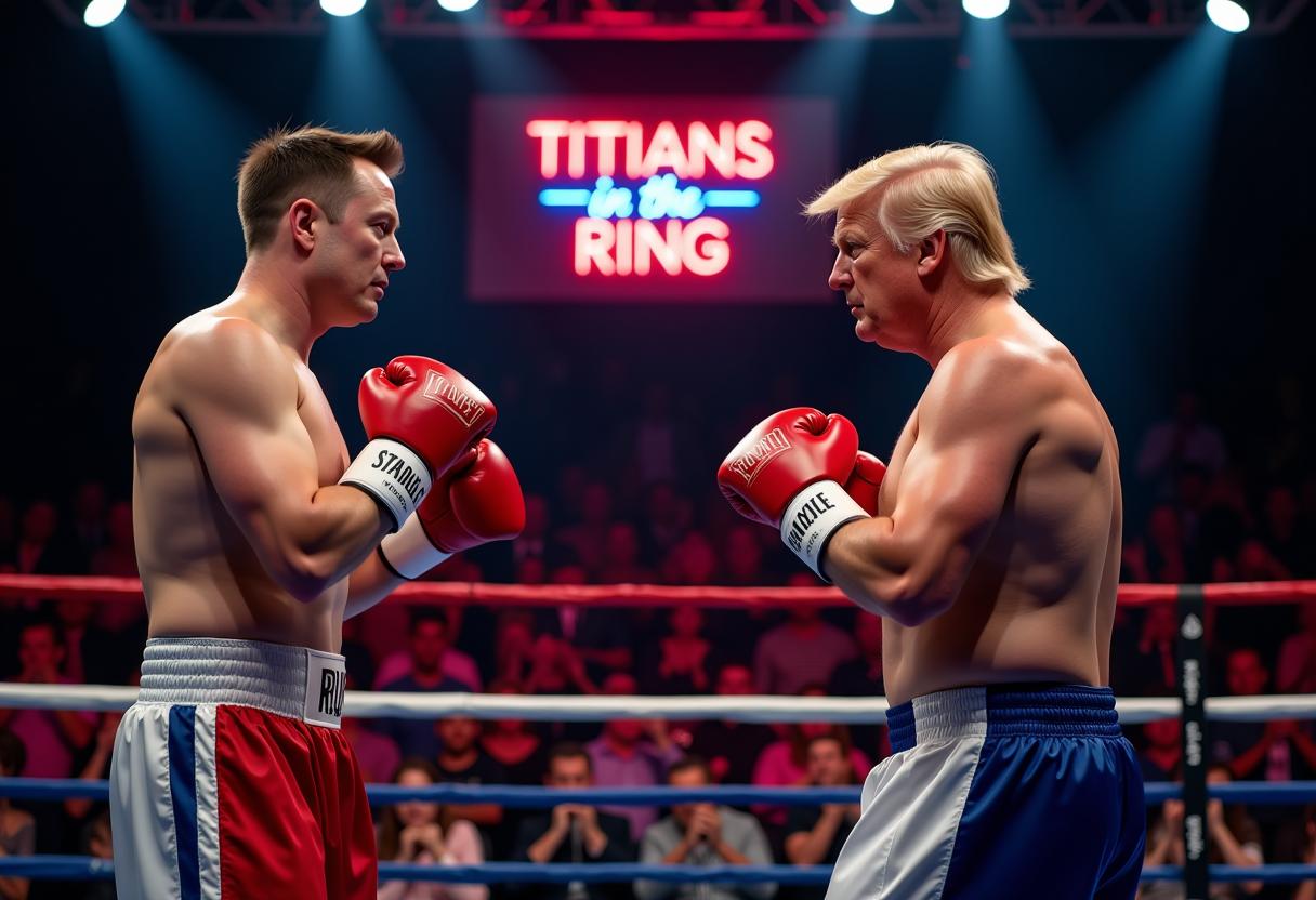 Looking up to a boxing ring, both Elon Musk and Donald Trump are in a boxing ring, a boxing stance, with wearing red boxing gloves, both wearing boxing red, white and blue boxing shorts, shirtless. People in the audience are cheering, lights are bright. Neon sign reads "TITIANS IN THE RING"