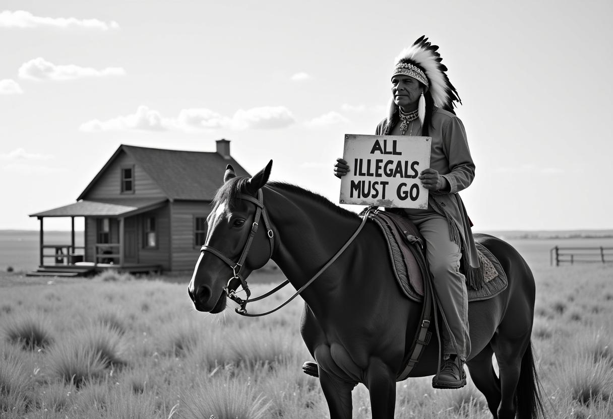 create an image of an Indian chief on a horseback, looking at viewer, monocolor holding a sign that reads "ALL ILLEGALS MUST GO" sans serif font, background and prairies and a wooden settlers house from 1870's  Shot with a Canon EF 400mm f/2.8 lens on a Canon 1DX Mark III, every detail is captured in razor-sharp focus
