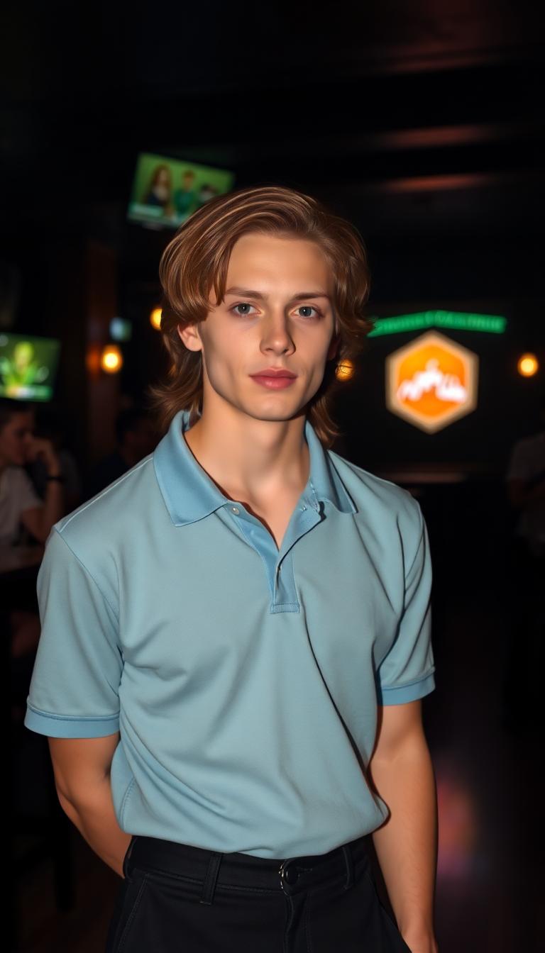 19 year old, slim man, clean shaven. Auburn hair cut long. Blue eyes, dressed in a black pair of slacks, and a sky blue polo shirt. Standing in a nightclub 