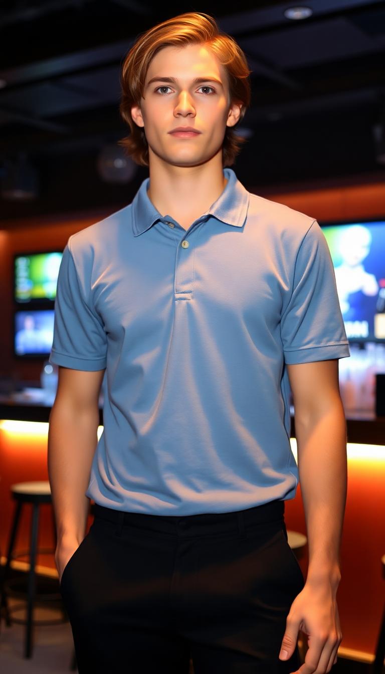 19 year old, slim feminine man, clean shaven. Auburn hair cut long. Blue eyes, dressed in a black pair of slacks, and a sky blue polo shirt. Standing in a nightclub 