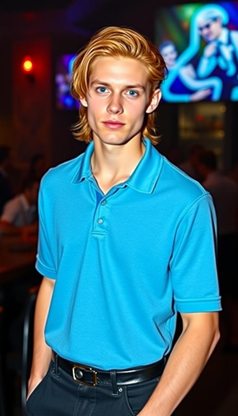 19 year old, slim feminine features, man, clean shaven. Auburn hair cut long. Blue eyes, dressed in a black pair of slacks, and a sky blue polo shirt. Standing in a nightclub 