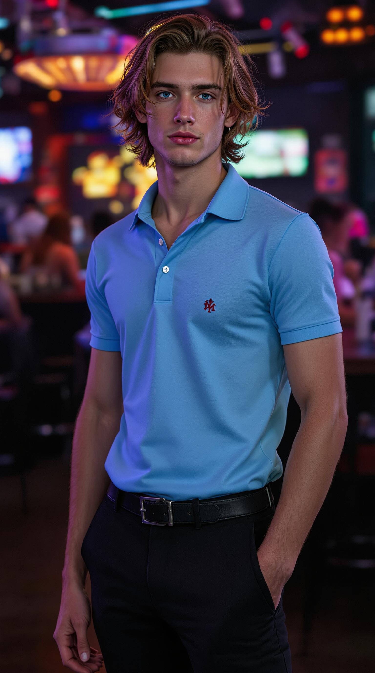 19 year old, slim feminine features, man, clean shaven. Auburn hair cut long. Blue eyes, dressed in a black pair of slacks, and a sky blue polo shirt. Standing in a nightclub 
