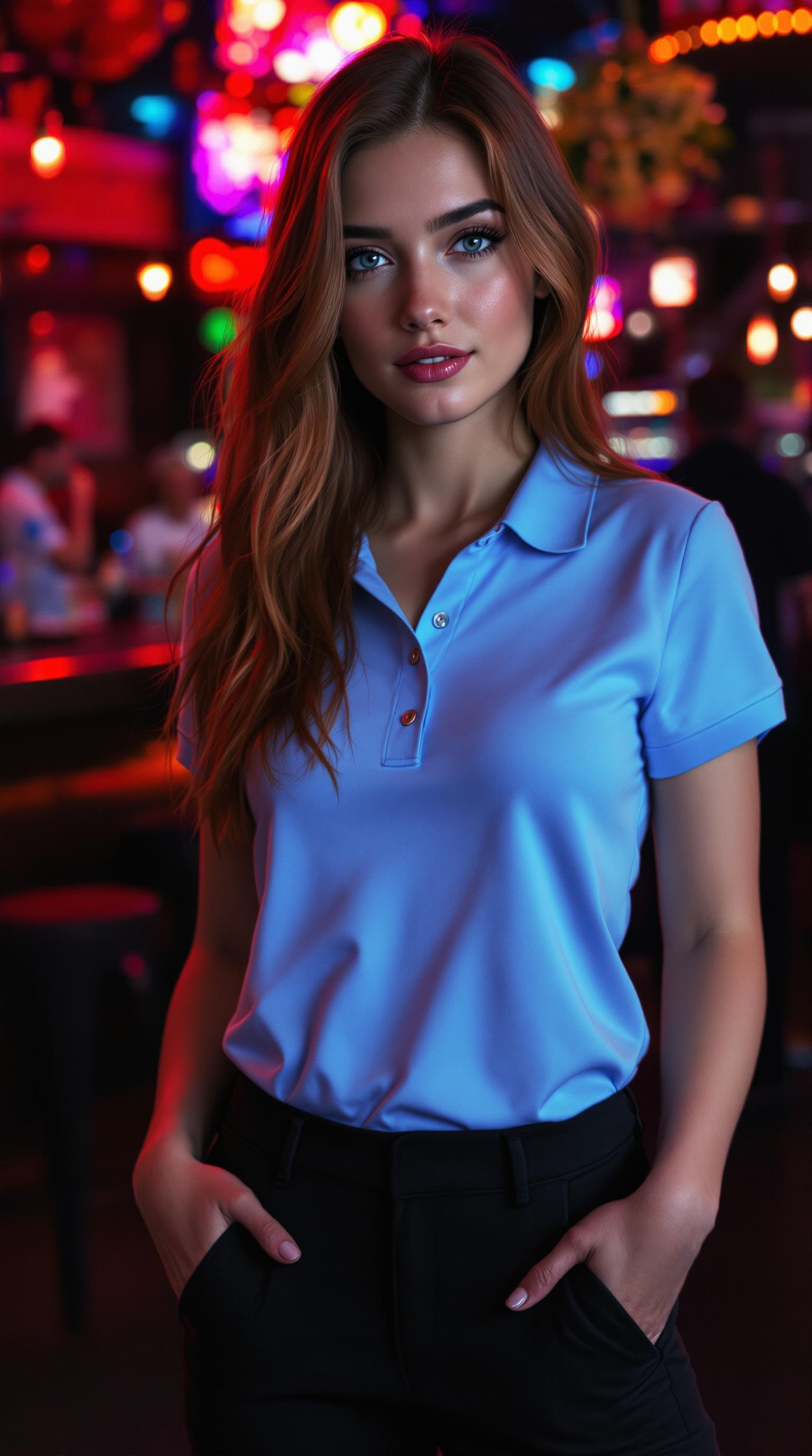 19 year old, slim feminine features, woman. Auburn hair cut long. Blue eyes, dressed in a black pair of slacks, and a sky blue polo shirt. Standing in a nightclub 