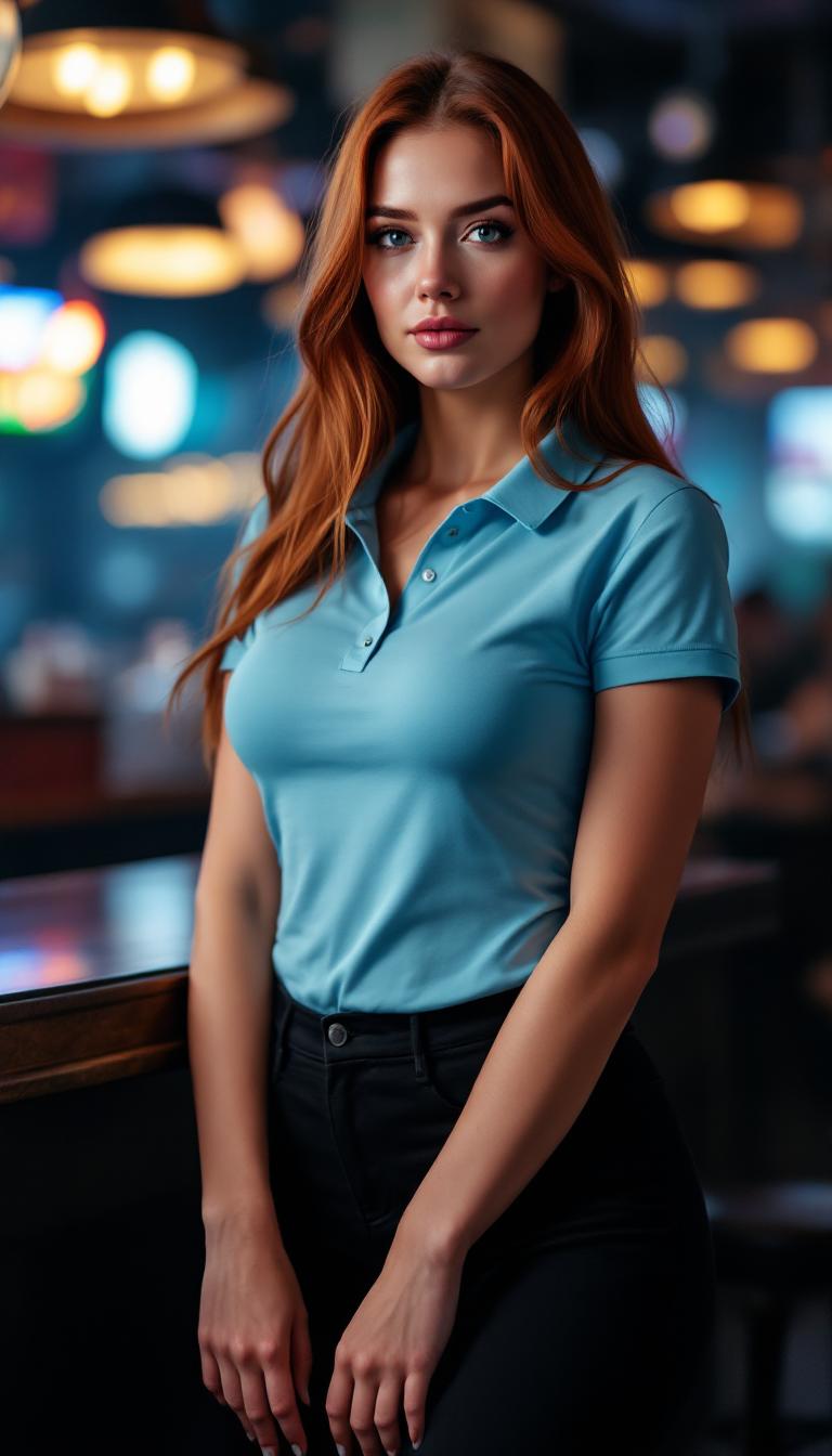 19 year old, full figured, slim feminine features, woman. Auburn hair cut long. Blue eyes, dressed in a black pair of slacks, and a tight sky blue polo shirt. Standing in a nightclub 