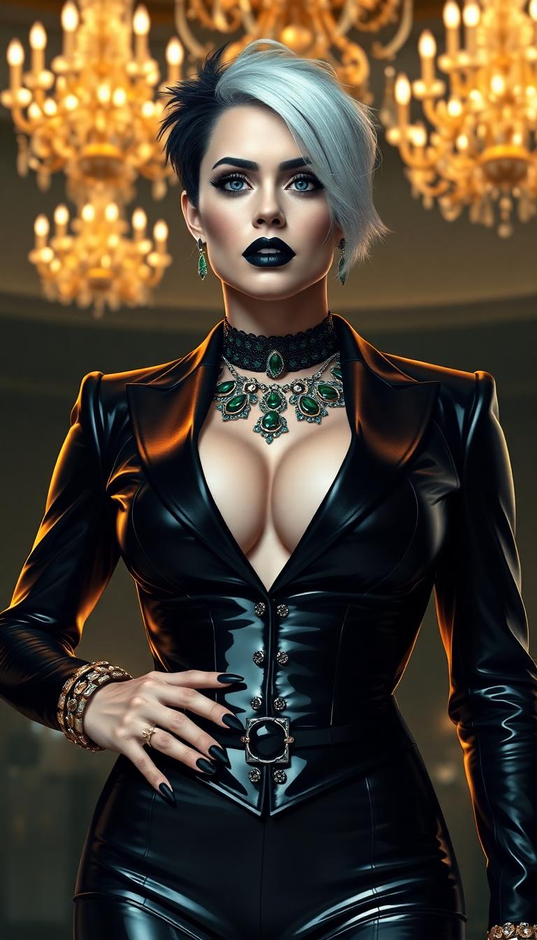 A breathtaking portrait of wrestler Becky Lynch, the epitome of dark elegance, and a striking white-haired woman, captured in a hyper-realistic digital painting style. Becky Lynch stands as the central figure, exuding raw power and sophistication in a shiny black latex tuxedo. Her powerful form is accentuated by a tight black latex corset, its glossy, reflective finish highlighting her ample cleavage and adding a bold, edgy contrast. Her short, spiky black hair gleams under the warm, golden glow of opulent ballroom chandeliers, framing her piercing blue eyes that burn with an intense, commanding gaze. Her gothic makeup is striking—heavy dark eyeshadow with smoky, smudged edges, glossy black lipstick contrasting her pale, porcelain skin, and long, glossy black nails adding a sharp, menacing edge. Lavish emerald and gold jewelry adorns her—intricate bracelets on her wrists, a tight choker necklace hugging her throat, ornate rings glinting on her fingers, and dangling earrings shimmering with every subtle movement, their details rendered with exquisite precision.

Beside her, a much shorter white-haired woman exudes a contrasting yet complementary allure, dressed in a shiny white latex corseted evening gown, the material clinging to her form with a reflective, almost liquid-like texture, emphasizing every curve with a futuristic sheen. Her vivid ruby jewelry—necklace, earrings, and rings—glints like fire under the ambient light, perfectly matching her blood-red painted lips and claw-like nails, which add a dangerous, predatory charm, each detail meticulously highlighted with stunning clarity.

The scene unfolds in a luxurious ballroom of timeless grandeur, with ornate golden chandeliers casting a warm, ambient glow across the space. Polished marble floors reflect subtle highlights of light, creating a mirror-like effect beneath their feet, while rich crimson drapes frame the background, adding regal depth and theatrical drama. The composition is carefully crafted, centering Becky Lynch as the dominant figure, captured from a slight low angle to emphasize her towering, powerful presence, her posture commanding and unyielding. The white-haired woman stands slightly to the side, her elegant yet submissive posture creating a balanced, dynamic duo that draws the eye, their positioning highlighting their contrasting energies in a harmonious yet striking frame.

Soft, cinematic lighting bathes the scene, meticulously accentuating the intricate textures of the satin and latex fabrics, the reflective glint of jewelry, and the subtle