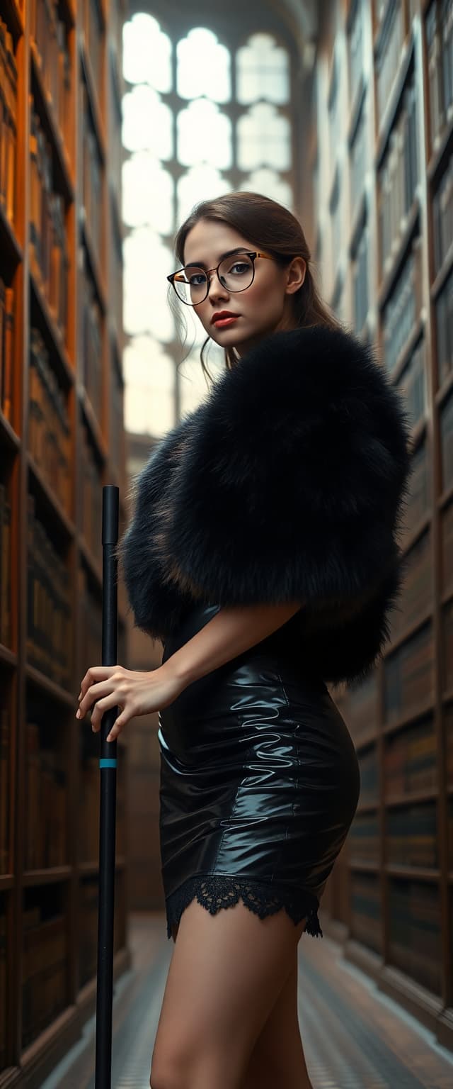A deeply emotive and poignant full-body portrait of a beautiful young woman, radiating a youthful yet sensual presence with quiet strength, captured in a moment of subtle confidence as she holds her cane with poised elegance. The scene is set in the grand, dimly lit expanse of an ancient library, enveloped by towering mahogany bookshelves brimming with weathered, leather-bound tomes, their spines etched with the intricate patina of centuries, exuding timeless wisdom. Her attire is a captivating interplay of textures and tones: a thick, luxurious shiny black mink fur stole, its velvety softness almost tangible, drapes over her curvaceous, pale frame, contrasting boldly with a mini-length Victorian-style shiny black skintight latex dress, adorned with elaborate ruffles and delicate lace detailing, evoking the opulent elegance of a bygone era. Her thick, rainbow-colored framed glasses, nerdy yet endearing, rest delicately on her face, catching faint glimmers of ambient light, while a simple metal bracelet on her slender wrist reflects the warm, amber glow of the library’s antique brass lamps. Her lustrous shiny black hair, styled in a heavy, tightly woven braid, cascades over one shoulder with regal yet tender grace, accentuating her fragile demeanor. Her faint, bittersweet smile conveys profound quiet resilience, drawing the viewer into her introspective world. The composition places her slightly off-center, her soft gaze directed toward the viewer, framed by the towering bookshelves that fade into a gentle blur in the background, creating a sense of depth and intimacy. The lighting is warm and diffused, with golden hues casting delicate shadows across her face and attire, highlighting the intricate textures of fur and latex, while a subtle vignette effect centers her as the emotional focal point. The mood is melancholic yet dignified, set during late evening, with a hushed, reverent atmosphere permeating the ancient space, as if time itself has paused in reverence. Rendered in the style of a classical Victorian portrait fused with modern editorial photography, featuring dramatic chiaroscuro lighting, hyper-realistic textures, and cinematic depth of field, captured as if through a high-resolution 85mm lens for intimate detail and profound emotional impact, emphasizing fine details in fabric and skin tones, with a soft bokeh effect in the background to enhance the ethereal ambiance.