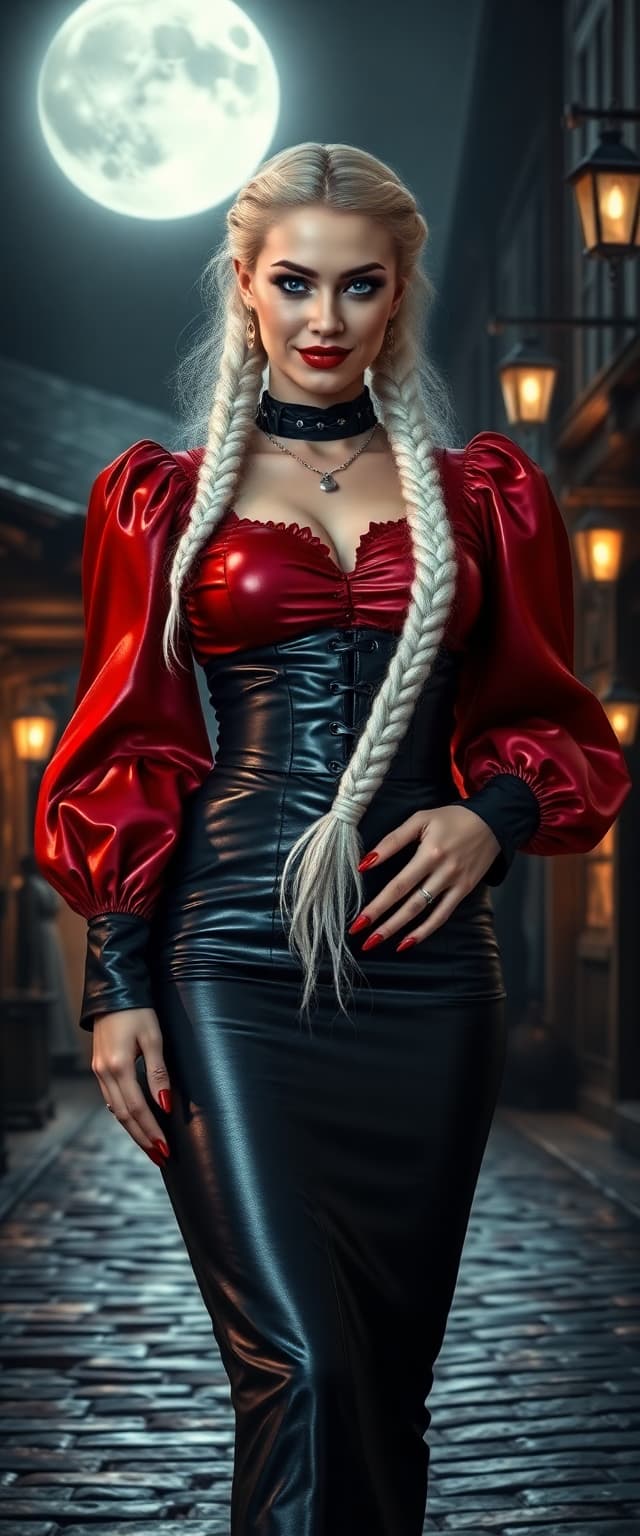 A striking Vampire Queen stands as the centerpiece of a moonlit medieval marketplace, exuding dark elegance and supernatural power. She wears a shiny crimson latex blouse with dramatic puffy sleeves that catch the moonlight, paired with a tight black leather skirt that gleams with a polished sheen, and a form-fitting black leather corset that accentuates her commanding presence. Her long, thick plait of braided white hair cascades down her back, shimmering like frost under the pale lunar glow. Her blood-red lips curve into a sinister smile, and her blood-red, claw-like nails glint menacingly as they rest at her sides. Her piercing ice-blue eyes seem to glow with an otherworldly intensity, locking onto the viewer with an icy, predatory gaze. The scene is set at night in a medieval marketplace, with cobblestone streets reflecting the silver moonlight, surrounded by rustic wooden stalls draped in shadows and faint lantern light. The atmosphere is eerie and haunting, with a cool, misty air and the faint howl of wind weaving through the empty market. The composition focuses on the Vampire Queen standing tall in the center, framed by the arching shadows of ancient stone buildings, captured from a low angle to emphasize her dominance and mystique. The style is inspired by gothic fantasy art, with hyper-detailed textures on her glossy attire and a cinematic, dramatic lighting contrast between the soft moonlight and deep, inky shadows.