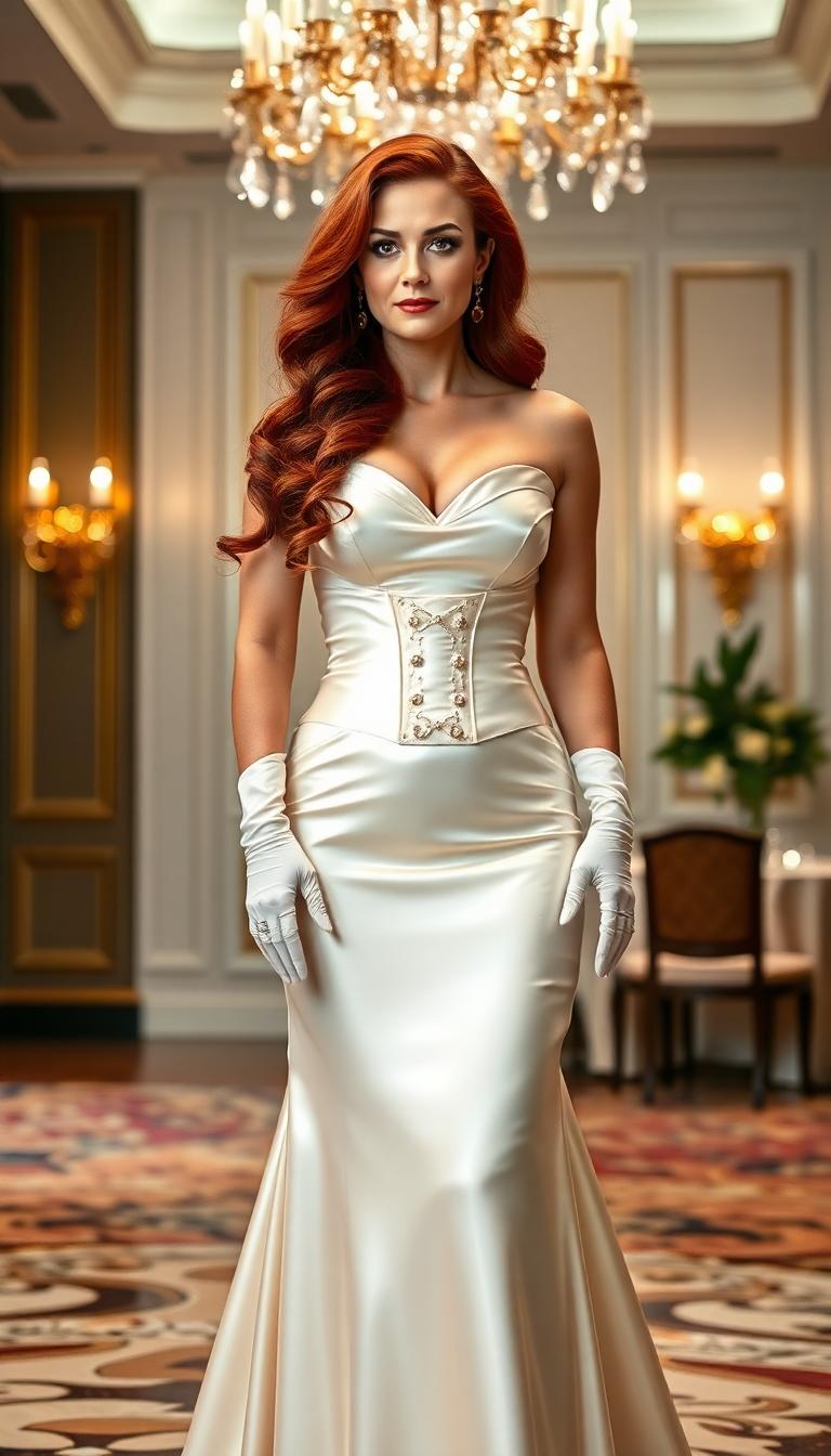 Mid 30s mature woman, long red hair done in elegant waves and ringlets, dressed in a floor length shiny white satin evening gown and corset.  Elbow length white satin opera gloves. Standing in an elegant hotel ballroom