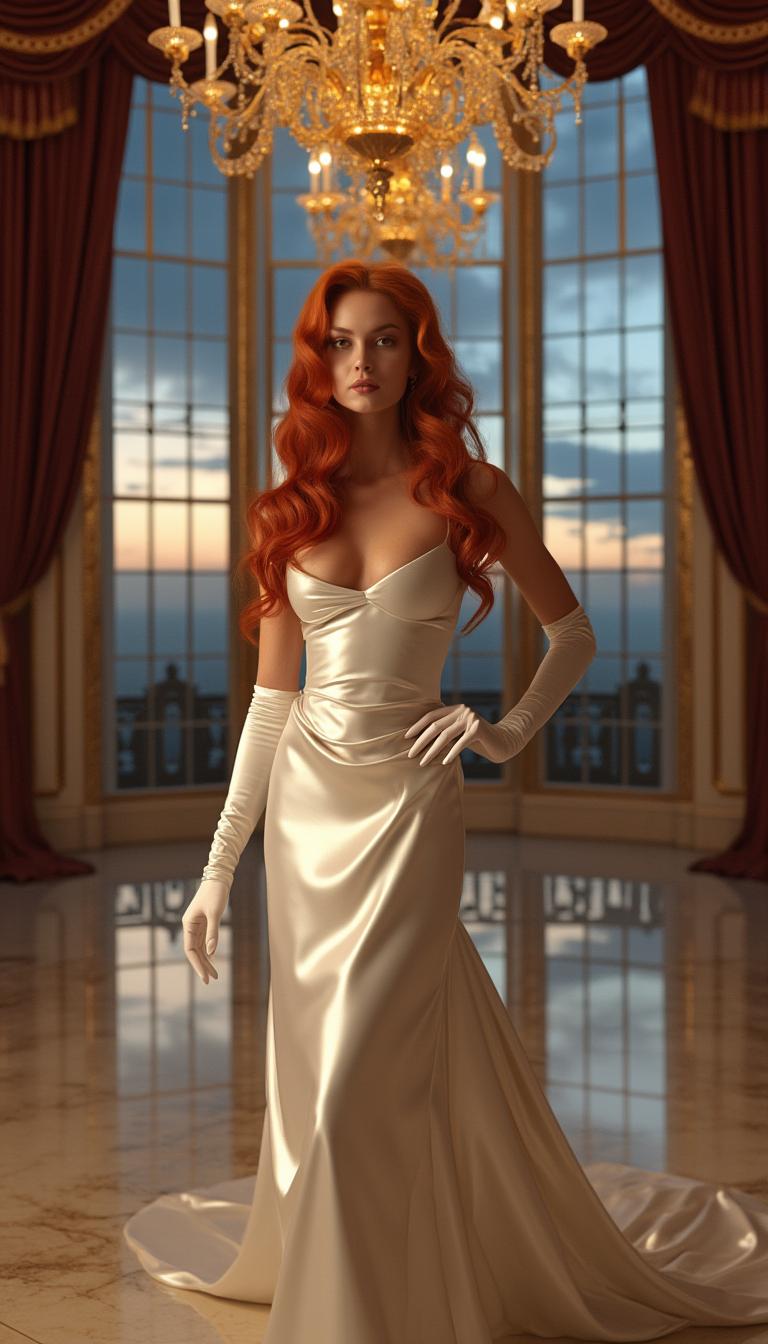 A stunning mid-30s woman with long, vibrant red hair styled in elegant waves and cascading ringlets, exuding sophistication. She is dressed in a luxurious, floor-length white satin evening gown that shimmers with a glossy sheen, paired with a fitted corset that accentuates her graceful silhouette. Her arms are adorned with elbow-length white satin opera gloves, adding a touch of timeless glamour. She stands confidently in the center of an opulent hotel ballroom, surrounded by intricate golden chandeliers casting a warm, soft glow, and tall arched windows revealing a twilight sky outside. The ballroom features polished marble floors reflecting the light, ornate gilded moldings, and deep burgundy velvet drapes framing the scene. The composition focuses on the woman as the central subject, captured from a slight low angle to emphasize her commanding presence, with the grandeur of the ballroom extending into the background. The mood is elegant and regal, with a serene yet powerful atmosphere, evoking a sense of a grand evening event. The lighting is cinematic, with a balance of warm chandelier light and cool natural tones from the windows, creating a harmonious and luxurious ambiance. Rendered in the style of a high-fashion editorial photograph, with meticulous attention to the texture of the satin fabric, the intricate details of the ballroom decor, and a photorealistic finish, emphasizing depth of field and sharp focus on the subject.