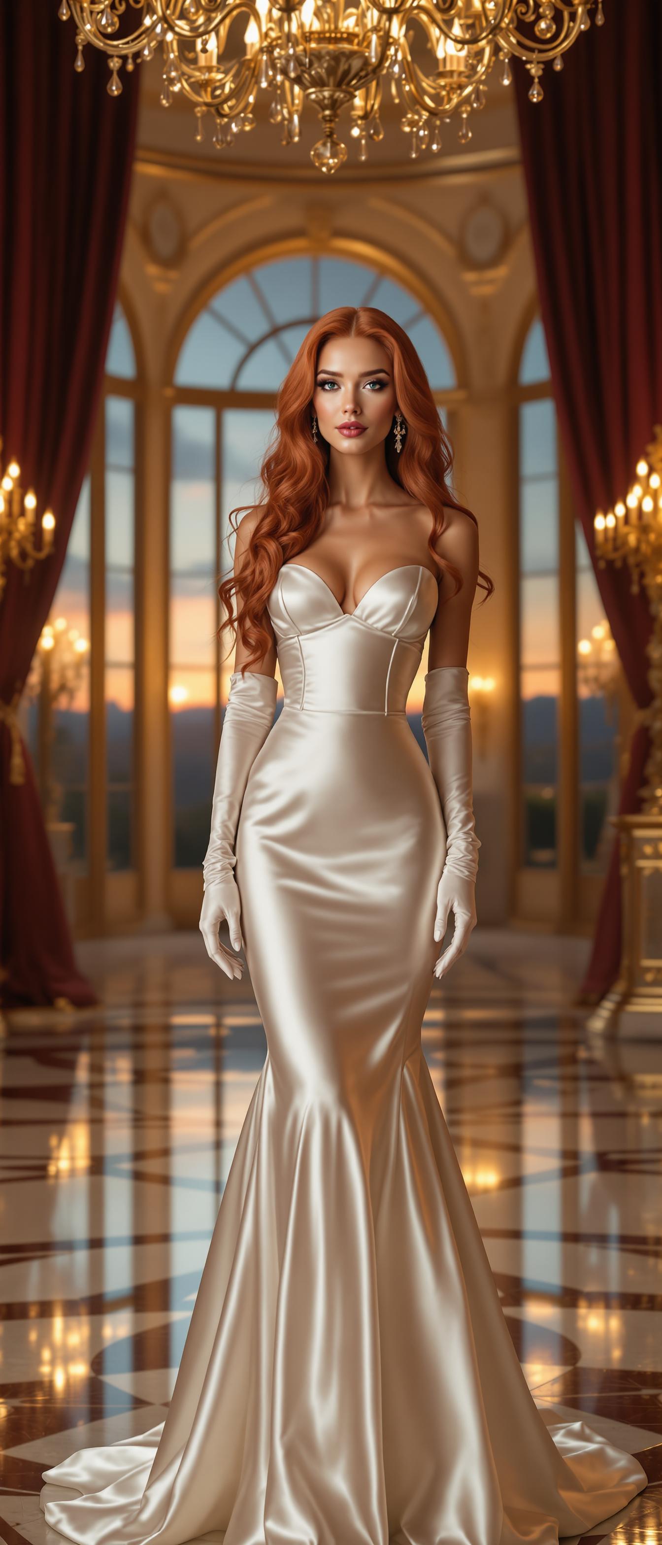 A stunning mid-30s woman with long, vibrant red hair styled in elegant waves and cascading ringlets, exuding sophistication. She is dressed in a luxurious, floor-length white satin evening gown that shimmers with a glossy sheen, paired with a fitted corset that accentuates her graceful silhouette. Her arms are adorned with elbow-length white satin opera gloves, adding a touch of timeless glamour. She stands confidently in the center of an opulent hotel ballroom, surrounded by intricate golden chandeliers casting a warm, soft glow, and tall arched windows revealing a twilight sky outside. The ballroom features polished marble floors reflecting the light, ornate gilded moldings, and deep burgundy velvet drapes framing the scene. The composition focuses on the woman as the central subject, captured from a slight low angle to emphasize her commanding presence, with the grandeur of the ballroom extending into the background. The mood is elegant and regal, with a serene yet powerful atmosphere, evoking a sense of a grand evening event. The lighting is cinematic, with a balance of warm chandelier light and cool natural tones from the windows, creating a harmonious and luxurious ambiance. Rendered in the style of a high-fashion editorial photograph, with meticulous attention to the texture of the satin fabric, the intricate details of the ballroom decor, and a photorealistic finish, emphasizing depth of field and sharp focus on the subject.