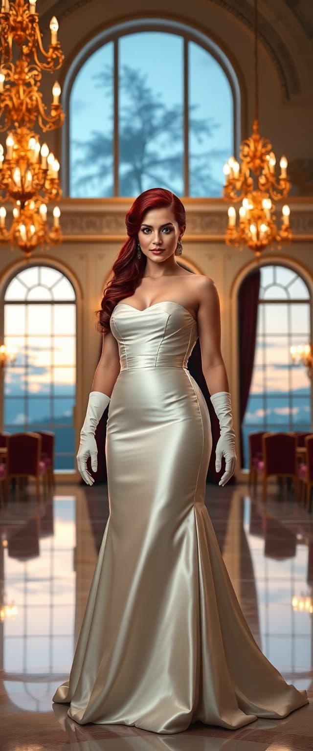 A stunning mid-30s woman with long, vibrant dark red hair styled in a 50s style updo, exuding sophistication. She is dressed in a luxurious, floor-length white satin evening gown that shimmers with a glossy sheen, paired with a fitted corset that accentuates her graceful silhouette. Her arms are adorned with elbow-length white satin opera gloves, adding a touch of timeless glamour. She stands confidently in the center of an opulent hotel ballroom, surrounded by intricate golden chandeliers casting a warm, soft glow, and tall arched windows revealing a twilight sky outside. The ballroom features polished marble floors reflecting the light, ornate gilded moldings, and deep burgundy velvet drapes framing the scene. The composition focuses on the woman as the central subject, captured from a slight low angle to emphasize her commanding presence, with the grandeur of the ballroom extending into the background. The mood is elegant and regal, with a serene yet powerful atmosphere, evoking a sense of a grand evening event. The lighting is cinematic, with a balance of warm chandelier light and cool natural tones from the windows, creating a harmonious and luxurious ambiance. Rendered in the style of a high-fashion editorial photograph, with meticulous attention to the texture of the satin fabric, the intricate details of the ballroom decor, and a photorealistic finish, emphasizing depth of field and sharp focus on the subject.