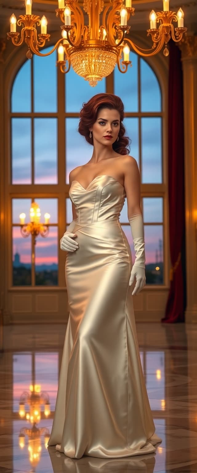 A breathtaking portrait of a mid-30s woman exuding timeless sophistication, her long, vibrant dark red hair styled in an elegant 1950s-inspired updo with soft curls framing her face. She wears a luxurious, floor-length white satin evening gown that shimmers with a glossy, reflective sheen, the fabric draping flawlessly over her form, paired with a fitted corset that highlights her graceful, hourglass silhouette. Her arms are adorned with elbow-length white satin opera gloves, adding a layer of vintage glamour and refinement. She stands confidently in the center of an opulent hotel ballroom, her posture commanding and poised, surrounded by intricate golden chandeliers casting a warm, golden glow that dances across the scene. Tall arched windows line the walls, revealing a serene twilight sky with hues of deep blue and faint lavender, contrasting the indoor warmth. The ballroom is a masterpiece of luxury, with polished marble floors reflecting the ambient light, ornate gilded moldings adorning the walls, and rich burgundy velvet drapes framing the windows with a regal touch. The composition centers the woman as the focal point, captured from a slight low angle to emphasize her powerful presence and stature, while the grandeur of the ballroom stretches into a softly blurred background, creating depth and dimension. The mood is elegant and regal, with a serene yet commanding atmosphere, evoking the essence of a grand evening gala. The lighting is cinematic and meticulously balanced, blending the warm, inviting glow of the chandeliers with the cool, natural tones filtering through the windows, casting subtle highlights on the satin fabric and creating a harmonious, luxurious ambiance. Rendered in the style of a high-fashion editorial photograph, with photorealistic precision, the image showcases the smooth, lustrous texture of the satin gown, the intricate details of the ballroom’s decor, and a sharp focus on the woman, enhanced by a shallow depth of field that softens the background. The overall finish is polished and professional, capturing every nuance of light, shadow, and texture with stunning clarity.