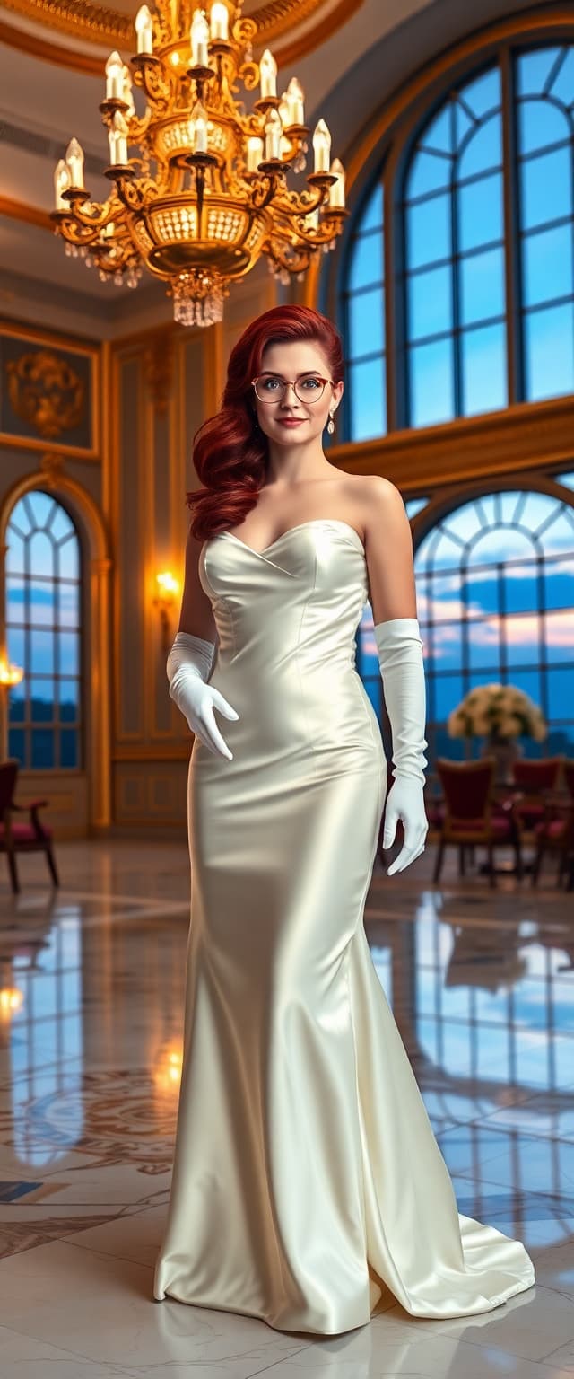 A breathtaking portrait of a mid-30s woman exuding timeless sophistication, her long, vibrant dark red hair styled in an elegant 1950s-inspired updo with soft curls framing her face. Wearing slim round framed glasses. She wears a luxurious, floor-length white satin evening gown that shimmers with a glossy, reflective sheen, the fabric draping flawlessly over her form, paired with a fitted corset that highlights her graceful, hourglass silhouette. Her arms are adorned with elbow-length white satin opera gloves, adding a layer of vintage glamour and refinement. She stands confidently in the center of an opulent hotel ballroom, her posture commanding and poised, surrounded by intricate golden chandeliers casting a warm, golden glow that dances across the scene. Tall arched windows line the walls, revealing a serene twilight sky with hues of deep blue and faint lavender, contrasting the indoor warmth. The ballroom is a masterpiece of luxury, with polished marble floors reflecting the ambient light, ornate gilded moldings adorning the walls, and rich burgundy velvet drapes framing the windows with a regal touch. The composition centers the woman as the focal point, captured from a slight low angle to emphasize her powerful presence and stature, while the grandeur of the ballroom stretches into a softly blurred background, creating depth and dimension. The mood is elegant and regal, with a serene yet commanding atmosphere, evoking the essence of a grand evening gala. The lighting is cinematic and meticulously balanced, blending the warm, inviting glow of the chandeliers with the cool, natural tones filtering through the windows, casting subtle highlights on the satin fabric and creating a harmonious, luxurious ambiance. Rendered in the style of a high-fashion editorial photograph, with photorealistic precision, the image showcases the smooth, lustrous texture of the satin gown, the intricate details of the ballroom’s decor, and a sharp focus on the woman, enhanced by a shallow depth of field that softens the background. The overall finish is polished and professional, capturing every nuance of light, shadow, and texture with stunning clarity.