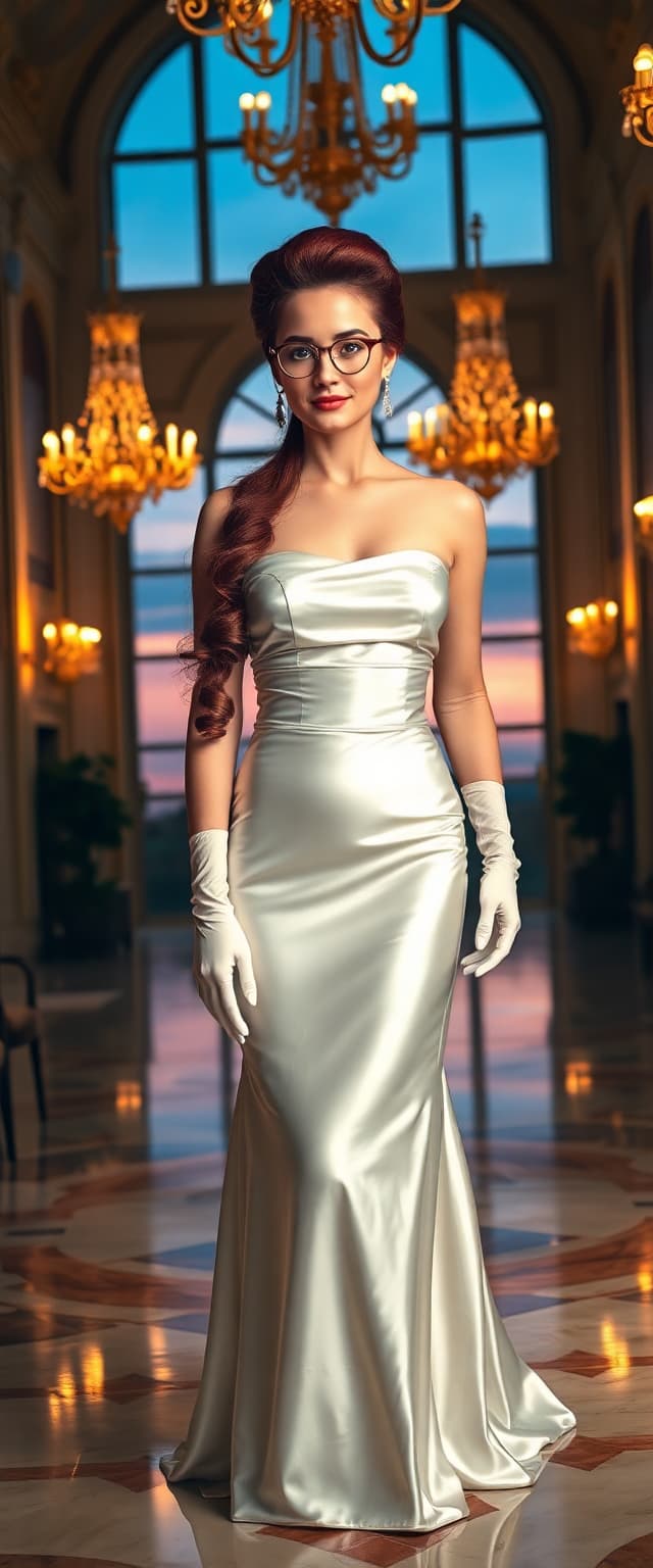 A breathtaking portrait of a mid-30s woman exuding timeless sophistication, her long, vibrant dark red hair styled in an elegant 1950s-inspired updo with soft curls framing her face. Wearing elegant round framed glasses. She wears a luxurious, floor-length white satin evening gown that shimmers with a glossy, reflective sheen, the fabric draping flawlessly over her form, paired with a fitted corset that highlights her graceful, hourglass silhouette. Her arms are adorned with elbow-length white satin opera gloves, adding a layer of vintage glamour and refinement. She stands confidently in the center of an opulent hotel ballroom, her posture commanding and poised, surrounded by intricate golden chandeliers casting a warm, golden glow that dances across the scene. Tall arched windows line the walls, revealing a serene twilight sky with hues of deep blue and faint lavender, contrasting the indoor warmth. The ballroom is a masterpiece of luxury, with polished marble floors reflecting the ambient light, ornate gilded moldings adorning the walls, and rich burgundy velvet drapes framing the windows with a regal touch. The composition centers the woman as the focal point, captured from a slight low angle to emphasize her powerful presence and stature, while the grandeur of the ballroom stretches into a softly blurred background, creating depth and dimension. The mood is elegant and regal, with a serene yet commanding atmosphere, evoking the essence of a grand evening gala. The lighting is cinematic and meticulously balanced, blending the warm, inviting glow of the chandeliers with the cool, natural tones filtering through the windows, casting subtle highlights on the satin fabric and creating a harmonious, luxurious ambiance. Rendered in the style of a high-fashion editorial photograph, with photorealistic precision, the image showcases the smooth, lustrous texture of the satin gown, the intricate details of the ballroom’s decor, and a sharp focus on the woman, enhanced by a shallow depth of field that softens the background. The overall finish is polished and professional, capturing every nuance of light, shadow, and texture with stunning clarity.