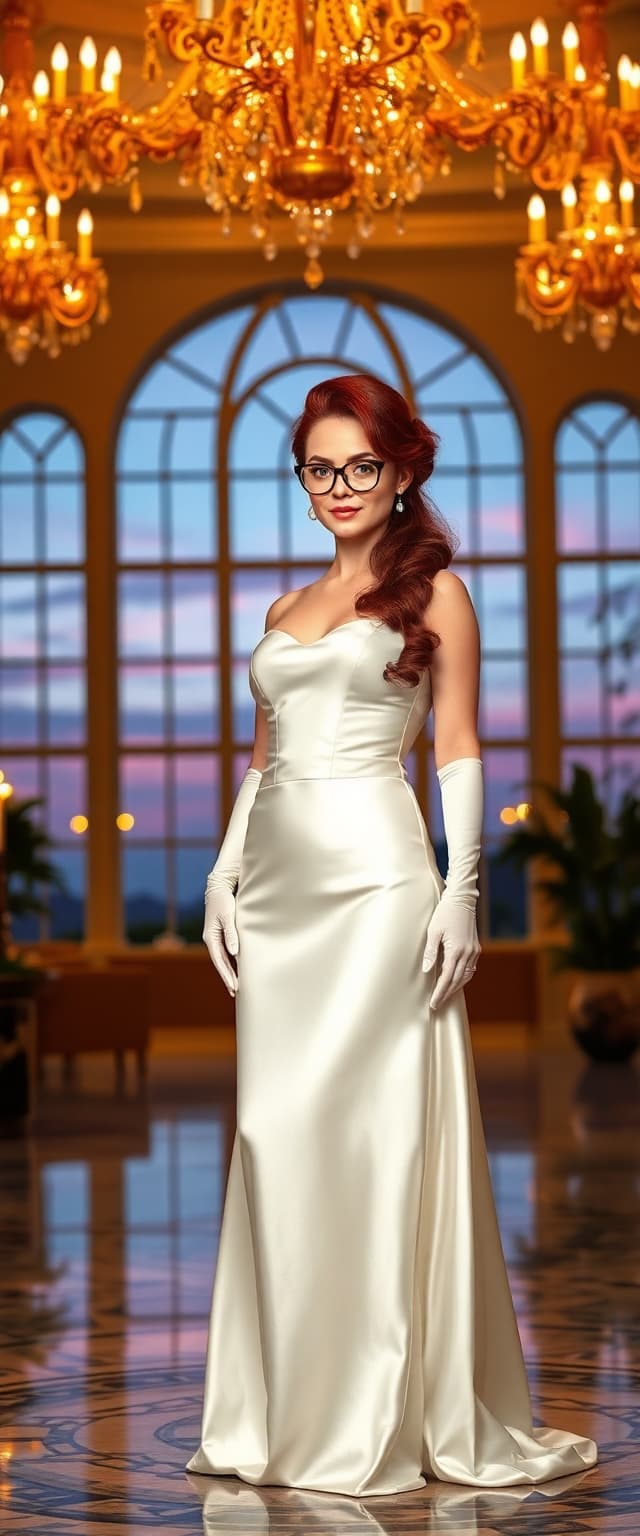 A breathtaking portrait of a mid-30s woman radiating timeless sophistication, her long, vibrant dark red hair styled in an elegant 1950s-inspired updo with soft, cascading curls delicately framing her face. She wears elegant round-framed glasses that accentuate her refined features. Her attire is a luxurious, floor-length white satin evening gown with a glossy, reflective sheen, the fabric draping flawlessly over her form, paired with a fitted corset that emphasizes her graceful hourglass silhouette. Elbow-length white satin opera gloves adorn her arms, adding a touch of vintage glamour and poised elegance. She stands confidently in the center of an opulent hotel ballroom, her posture commanding and statuesque, surrounded by intricate golden chandeliers casting a warm, amber glow that dances across the scene, creating a mesmerizing interplay of light and shadow. Tall arched windows line the walls, revealing a serene twilight sky painted in deep blue and faint lavender hues, offering a cool contrast to the indoor warmth. The ballroom exudes luxury, with polished marble floors reflecting the ambient light, ornate gilded moldings adorning the cream-colored walls, and rich burgundy velvet drapes framing the windows with a regal flourish. The composition centers the woman as the undeniable focal point, captured from a slight low angle to amplify her powerful presence and towering stature, while the grandeur of the ballroom extends into a softly blurred background, enhancing depth and dimension through a shallow depth of field. The mood is elegant and regal, with a serene yet commanding atmosphere, evoking the essence of a grand evening gala in a bygone era of sophistication. The lighting is cinematic and meticulously balanced, blending the warm, inviting glow of the chandeliers with the cool, natural tones filtering through the windows, casting subtle highlights on the lustrous satin fabric and creating a harmonious, luxurious ambiance. Rendered in the style of a high-fashion editorial photograph, with photorealistic precision and attention to detail, the image captures the smooth, shimmering texture of the satin gown, the intricate craftsmanship of the ballroom’s decor, and a razor-sharp focus on the woman’s poised expression and refined features. The overall finish is polished and professional, showcasing every nuance of light, shadow, and texture with stunning clarity, reminiscent of a Vogue cover shot from the golden age of fashion photography.