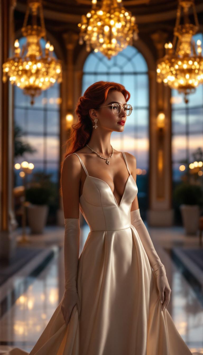 A breathtaking portrait of a mid-30s woman radiating timeless sophistication, her long, vibrant dark red hair styled in an elegant 1950s-inspired updo with soft, cascading curls delicately framing her face. She wears elegant round-framed glasses that accentuate her refined features. Her attire is a luxurious, floor-length white satin evening gown with a glossy, reflective sheen, the fabric draping flawlessly over her form, paired with a fitted corset that emphasizes her graceful hourglass silhouette. Elbow-length white satin opera gloves adorn her arms, adding a touch of vintage glamour and poised elegance. She stands confidently in the center of an opulent hotel ballroom, her posture commanding and statuesque, surrounded by intricate golden chandeliers casting a warm, amber glow that dances across the scene, creating a mesmerizing interplay of light and shadow. Tall arched windows line the walls, revealing a serene twilight sky painted in deep blue and faint lavender hues, offering a cool contrast to the indoor warmth. The ballroom exudes luxury, with polished marble floors reflecting the ambient light, ornate gilded moldings adorning the cream-colored walls, and rich burgundy velvet drapes framing the windows with a regal flourish. The composition centers the woman as the undeniable focal point, captured from a slight low angle to amplify her powerful presence and towering stature, while the grandeur of the ballroom extends into a softly blurred background, enhancing depth and dimension through a shallow depth of field. The mood is elegant and regal, with a serene yet commanding atmosphere, evoking the essence of a grand evening gala in a bygone era of sophistication. The lighting is cinematic and meticulously balanced, blending the warm, inviting glow of the chandeliers with the cool, natural tones filtering through the windows, casting subtle highlights on the lustrous satin fabric and creating a harmonious, luxurious ambiance. Rendered in the style of a high-fashion editorial photograph, with photorealistic precision and attention to detail, the image captures the smooth, shimmering texture of the satin gown, the intricate craftsmanship of the ballroom’s decor, and a razor-sharp focus on the woman’s poised expression and refined features. The overall finish is polished and professional, showcasing every nuance of light, shadow, and texture with stunning clarity, reminiscent of a Vogue cover shot from the golden age of fashion photography.