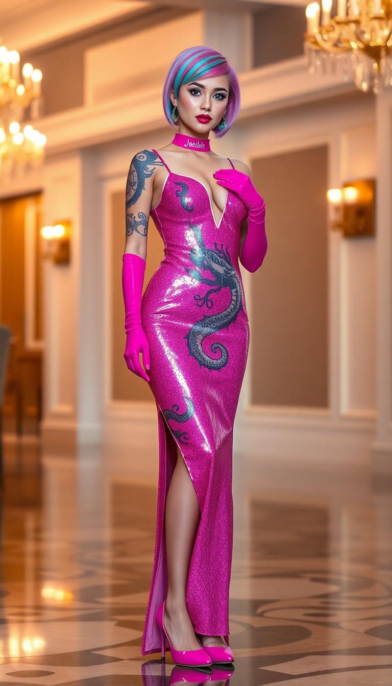 Petite early 20s woman, slim and athletic, buxom. Dressed in a shiny hot pink sequined latex evening gown, slit to the hip and with a daring plunge neckline that shows her navel piercing, and elegant oriental dragon tattoo that covers her whole torso. Her hair is styled in a cute pink and sky blue chin length bob. She wears a shiny hot pink latex dog collar that says Jezebel. She has multiple ear, nose and lip piercings. Standing in an elegant hotel ballroom. She wears shiny pink latex 7 inch high heel ballet stilettos, and shiny pink latex fingerless elbow length gloves 