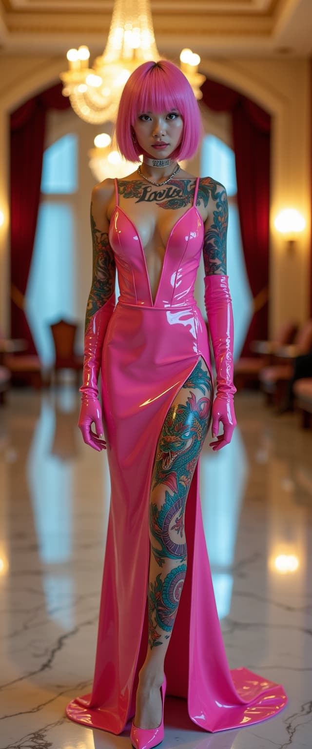 A striking portrait of a petite, early 20s Japanese woman with pale, porcelain skin and a slim, athletic yet buxom build, radiating bold confidence and rebellious charm. She wears a glossy, hot pink latex evening gown that clings to her form, featuring a daring plunge neckline down to her navel piercing and a high slit up to the hip, revealing an intricate oriental dragon tattoo sprawling across her torso with vibrant colors, flowing lines, and exquisite detail. Her chin-length bob hairstyle, dyed in a playful blend of pink and sky blue, frames her face with a modern, edgy allure, while a shiny hot pink latex dog collar engraved with "Jezebel" adds a provocative edge. Multiple piercings in her ears, nose, and lips catch the light with a metallic glint. Her ensemble is completed with shiny pink latex 7-inch ballet stilettos, emphasizing her poised, commanding stance, and shiny pink latex fingerless elbow-length gloves, accentuating her slender arms with a reflective sheen. She stands as the central figure in an opulent hotel ballroom, surrounded by luxurious decor—ornate crystal chandeliers casting a warm golden glow, polished marble floors mirroring soft reflections, and deep burgundy velvet drapes framing tall arched windows. The composition is captured from a slight low angle, enhancing her dominant presence, with the grandeur of the ballroom softly blurred in the background to maintain focus on her. The mood is glamorous yet defiant, set in a late evening ambiance with subtle ambient lighting that highlights the glossy texture of the latex, the shimmer of her piercings, and the intricate details of her tattoo. Rendered in a high-fashion photography style, with hyper-realistic textures, razor-sharp focus on her outfit and tattoos, and a cinematic depth of field, evoking the polished, dramatic aesthetic of a Vogue editorial shoot, complete with rich color contrasts and a decadent, seductive atmosphere.