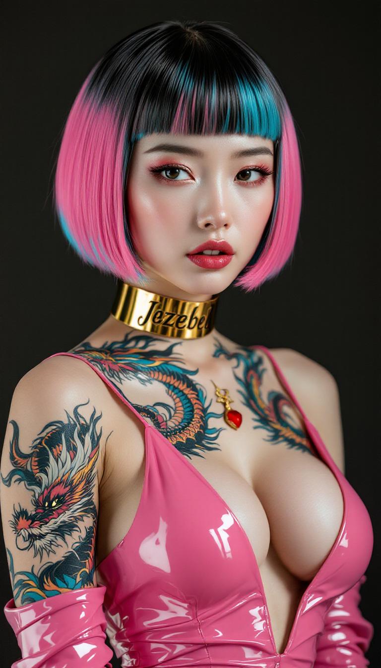A striking portrait of a petite, early 20s Japanese woman with pale, porcelain skin and a slim, athletic yet buxom build, radiating bold confidence and rebellious charm. She wears a glossy, hot pink latex evening gown that clings to her form, featuring a daring plunge neckline down to her navel piercing and a high slit up to the hip, revealing an intricate oriental dragon tattoo sprawling across her torso with vibrant colors, flowing lines, and exquisite detail. Her chin-length bob hairstyle, dyed in a playful blend of pink and sky blue, frames her face with a modern, edgy allure, while a shiny hot pink latex dog collar engraved with "Jezebel" adds a provocative edge. Multiple piercings in her ears, nose, and lips catch the light with a metallic glint. Her ensemble is completed with shiny pink latex 7-inch ballet stilettos, emphasizing her poised, commanding stance, and shiny pink latex fingerless elbow-length gloves, accentuating her slender arms with a reflective sheen. She stands as the central figure in an opulent hotel ballroom, surrounded by luxurious decor—ornate crystal chandeliers casting a warm golden glow, polished marble floors mirroring soft reflections, and deep burgundy velvet drapes framing tall arched windows. The composition is captured from a slight low angle, enhancing her dominant presence, with the grandeur of the ballroom softly blurred in the background to maintain focus on her. The mood is glamorous yet defiant, set in a late evening ambiance with subtle ambient lighting that highlights the glossy texture of the latex, the shimmer of her piercings, and the intricate details of her tattoo. Rendered in a high-fashion photography style, with hyper-realistic textures, razor-sharp focus on her outfit and tattoos, and a cinematic depth of field, evoking the polished, dramatic aesthetic of a Vogue editorial shoot, complete with rich color contrasts and a decadent, seductive atmosphere.