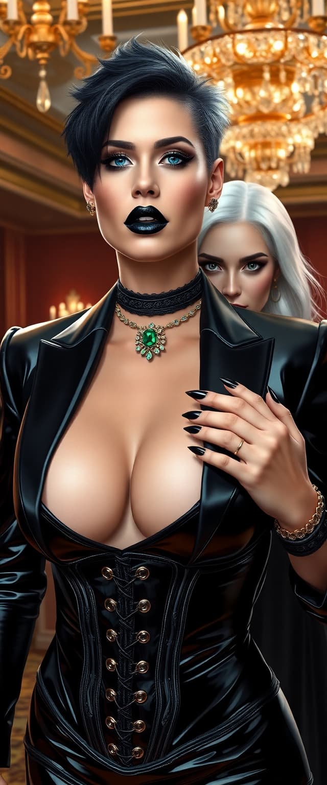 A breathtaking portrait of wrestler Becky Lynch and a striking white-haired woman, embodying dark elegance and contrasting allure, captured in a hyper-realistic digital painting style with meticulous attention to detail. Becky Lynch stands as the central figure, radiating raw power and sophistication in a shiny black latex tuxedo, paired with a tight black latex corset that accentuates her powerful form and ample cleavage, the glossy, reflective surface catching the light with a bold, edgy sheen. Her short, spiky black hair shines under the warm, golden glow of opulent ballroom chandeliers, framing her piercing blue eyes that burn with an intense, commanding gaze. Her gothic makeup is striking—heavy dark eyeshadow with smoky, smudged edges, glossy black lipstick contrasting her pale, porcelain skin, and long, glossy black nails adding a sharp, menacing edge. Lavish emerald and gold jewelry adorns her form—intricate bracelets on her wrists, a tight choker necklace hugging her throat, ornate rings glinting on her fingers, and dangling earrings shimmering with every subtle movement, each detail rendered with exquisite precision and hyper-realistic texture.

Beside her, a shorter white-haired woman exudes a contrasting yet complementary allure, dressed in a shiny blue latex corseted evening gown, the material clinging to her form with a reflective, almost liquid-like texture, emphasizing every curve with a futuristic, otherworldly sheen. Her vivid ruby jewelry—necklace, earrings, and rings—glints like fire under the ambient light, perfectly matching her blood-red painted lips and claw-like nails, which add a dangerous, predatory charm, each detail meticulously highlighted with stunning clarity and depth.

The scene unfolds in a luxurious ballroom of timeless grandeur, with ornate golden chandeliers casting a warm, ambient glow across the space, creating soft highlights and subtle shadows. Polished marble floors reflect delicate glimmers of light, producing a mirror-like effect beneath their feet, while rich crimson velvet drapes frame the background, adding regal depth and theatrical drama to the composition. The layout is masterfully crafted, with Becky Lynch as the dominant central figure, captured from a slight low angle to emphasize her towering, powerful presence, her posture commanding and unyielding. The white-haired woman stands slightly to the side, her elegant yet submissive posture creating a balanced, dynamic duo that draws the eye, their positioning highlighting their contrasting energies in a harmonious yet striking frame.

The mood is one of dark opulence and cinematic intensity, set during the late evening under the golden glow of the ballroom, with an atmosphere of mystery and allure perme