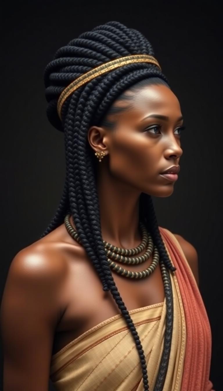 Mature Nubian queen, wearing ancient Egyptian dress. Her mane of shiny black hair is set in scores of neat cornrows that fall down her back