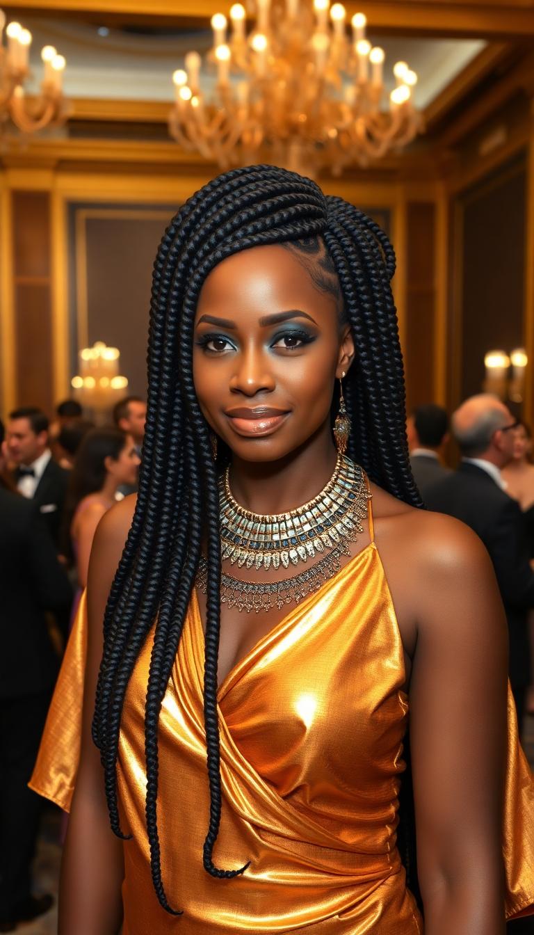 Mature Nubian queen, wearing an ancient Style shiny gold latex Egyptian dress. Her mane of shiny black hair is set in scores of neat cornrows that fall down her back. Standing in an elegant hotel ballroom populated by many other elegantly dressed partiers.