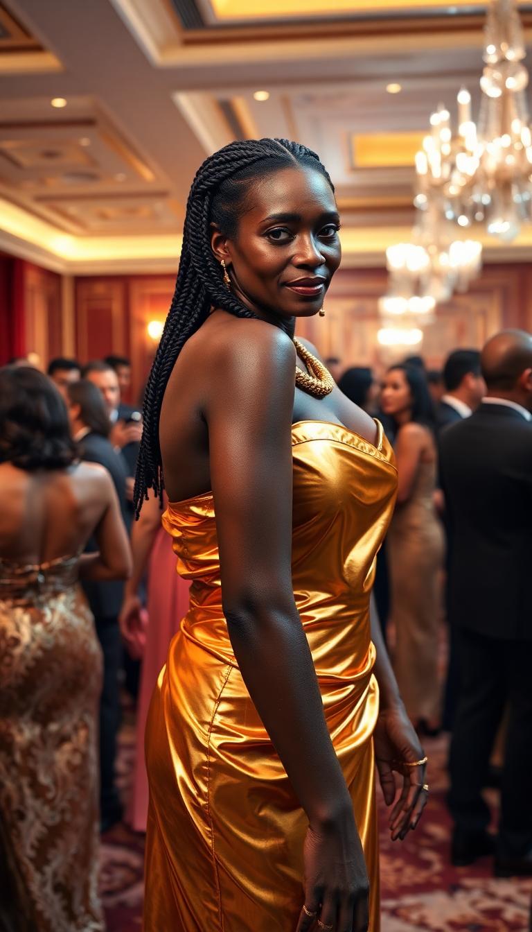 Stern looking mid 50s dark skinned Nubian woman, wearing an ancient Style shiny gold latex Egyptian dress. Her mane of shiny black hair is set in small braids that fall down her back. Standing in an elegant hotel ballroom populated by many other elegantly dressed partiers.