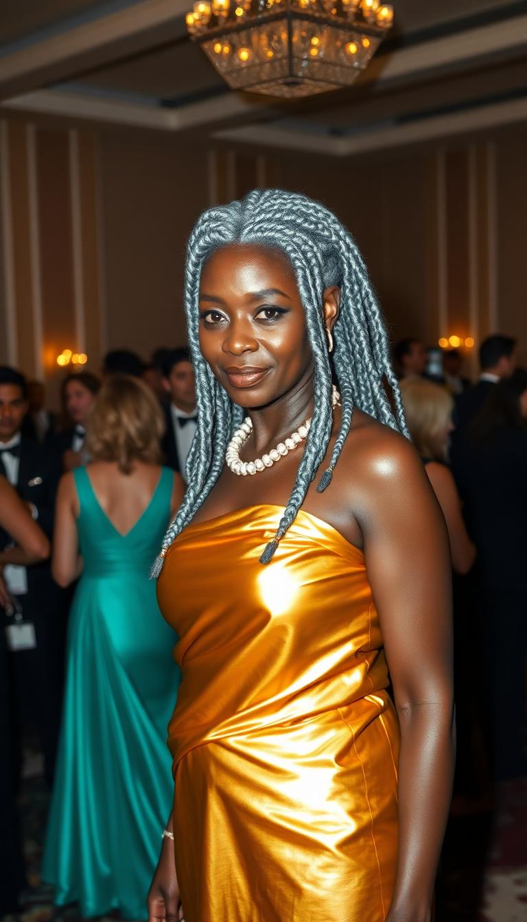 Stern looking mid 50s dark skinned Nubian woman, wearing an ancient Style shiny gold latex toga. Her mane of shiny grey hair is set in small braids that fall down her back. Standing in an elegant hotel ballroom populated by many other elegantly dressed partiers.