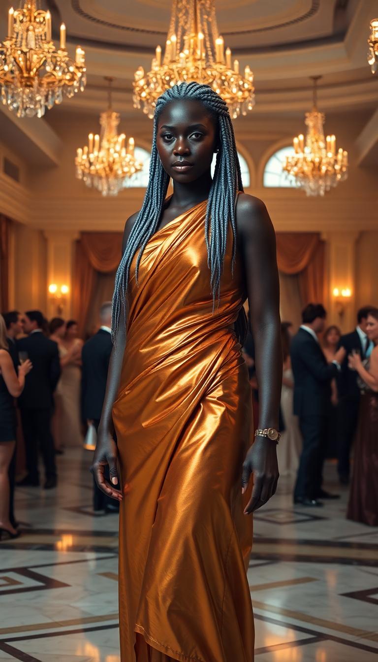 A stern-looking Nubian woman in her mid-50s, her dark skin radiant with a subtle sheen, stands as the focal point of the scene. She wears an ancient-style toga made of shiny gold latex, the material catching the light with a futuristic, reflective gloss, contrasting with the classical draped design that clings to her statuesque form. Her mane of shiny grey hair is intricately styled into small, tight braids that cascade down her back, shimmering faintly under the warm ballroom lighting. She stands with commanding presence in an opulent hotel ballroom, the space adorned with crystal chandeliers casting golden glows, polished marble floors, and grand arched windows draped in velvet curtains. The room is filled with elegantly dressed partygoers in luxurious gowns and tailored suits, mingling and sipping champagne, their soft laughter and murmurs creating a lively yet refined atmosphere. The composition focuses on the woman positioned slightly off-center, captured from a low-angle perspective to emphasize her dominance and strength, with the bustling crowd forming a dynamic background. The mood is sophisticated and regal, set during a glamorous evening event, with warm, ambient lighting enhancing the richness of the gold and jewel tones in the scene. Rendered in a hyper-realistic style with cinematic detail, inspired by the dramatic chiaroscuro of Baroque portraiture, featuring intricate textures of latex, hair, and fabric, and a shallow depth of field to keep the woman sharply in focus against the softly blurred elegance of the ballroom.