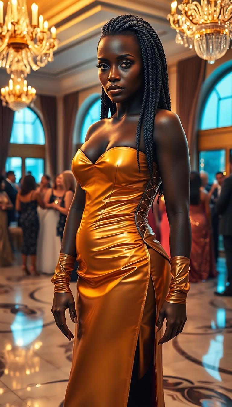 A stern-looking Nubian woman in her mid-50s, her dark skin radiant with a subtle sheen, stands as the focal point of the scene. She wears a shiny gold latex corset, gloves and split side skirt, the material catching the light with a futuristic, reflective gloss, contrasting with the classical draped design that clings to her statuesque form. Her mane of shiny grey hair is intricately styled into small, tight braids that cascade down her back, shimmering faintly under the warm ballroom lighting. She stands with commanding presence in an opulent hotel ballroom, the space adorned with crystal chandeliers casting golden glows, polished marble floors, and grand arched windows draped in velvet curtains. The room is filled with elegantly dressed partygoers in luxurious gowns and tailored suits, mingling and sipping champagne, their soft laughter and murmurs creating a lively yet refined atmosphere. The composition focuses on the woman positioned slightly off-center, captured from a low-angle perspective to emphasize her dominance and strength, with the bustling crowd forming a dynamic background. The mood is sophisticated and regal, set during a glamorous evening event, with warm, ambient lighting enhancing the richness of the gold and jewel tones in the scene. Rendered in a hyper-realistic style with cinematic detail, inspired by the dramatic chiaroscuro of Baroque portraiture, featuring intricate textures of latex, hair, and fabric, and a shallow depth of field to keep the woman sharply in focus against the softly blurred elegance of the ballroom.