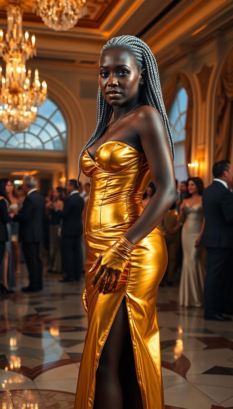 A stern-looking Nubian woman in her mid-40s, her dark skin radiant with a subtle sheen, stands as the focal point of the scene. She wears a shiny gold latex corset, gloves and split side skirt, the material catching the light with a futuristic, reflective gloss, contrasting with the classical draped design that clings to her statuesque form. Her mane of shiny grey hair is intricately styled into small, tight braids that cascade down her back, shimmering faintly under the warm ballroom lighting. She stands with commanding presence in an opulent hotel ballroom, the space adorned with crystal chandeliers casting golden glows, polished marble floors, and grand arched windows draped in velvet curtains. The room is filled with elegantly dressed partygoers in luxurious gowns and tailored suits, mingling and sipping champagne, their soft laughter and murmurs creating a lively yet refined atmosphere. The composition focuses on the woman positioned slightly off-center, captured from a low-angle perspective to emphasize her dominance and strength, with the bustling crowd forming a dynamic background. The mood is sophisticated and regal, set during a glamorous evening event, with warm, ambient lighting enhancing the richness of the gold and jewel tones in the scene. Rendered in a hyper-realistic style with cinematic detail, inspired by the dramatic chiaroscuro of Baroque portraiture, featuring intricate textures of latex, hair, and fabric, and a shallow depth of field to keep the woman sharply in focus against the softly blurred elegance of the ballroom. She wears elegant Egyptian themed jewelry. 