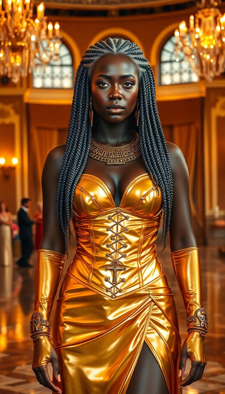A commanding Nubian woman in her mid-40s, her rich, dark skin glowing with a subtle, radiant sheen, stands as the centerpiece of a lavish scene. She is dressed in a striking gold latex corset adorned with intricate straps, paired with matching long gloves and a split-side skirt, the glossy, futuristic material reflecting light with a mirror-like sheen, while the classical draped design accentuates her powerful, statuesque form. Her shimmering grey hair is styled into countless tight, small braids that cascade down her back, catching the warm, golden ballroom lighting with a faint metallic glint. She wears elegant Egyptian-themed jewelry, including a wide, ornate gold collar necklace with hieroglyphic engravings, dangling ankh earrings, and stacked bangles that gleam against her skin. She stands with an air of authority in a grand hotel ballroom, the opulent space filled with intricate details: sparkling crystal chandeliers casting a warm, amber glow, polished marble floors reflecting the light, and towering arched windows framed by heavy velvet curtains in deep burgundy. The room buzzes with elegantly dressed partygoers in luxurious gowns of satin and silk and tailored suits, mingling with champagne flutes in hand, their soft laughter and murmurs creating a lively yet refined atmosphere. The composition places the woman slightly off-center, captured from a low-angle perspective to emphasize her dominance and towering presence, while the bustling crowd forms a dynamic, softly blurred background. The mood is sophisticated and regal, set during a glamorous evening event, with warm, ambient lighting enhancing the richness of gold, ruby, and emerald jewel tones throughout the scene. Rendered in a hyper-realistic style with cinematic precision, inspired by the dramatic chiaroscuro of Baroque portraiture, the image showcases intricate textures of glossy latex, shimmering braids, and luxurious fabrics, with a shallow depth of field ensuring the woman remains sharply in focus against the dreamy, blurred elegance of the ballroom.