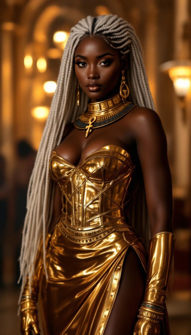 A commanding Nubian woman in her mid-40s stands as the regal centerpiece of a lavish scene, her rich, dark skin glowing with a warm, radiant sheen under the golden, ambient lighting of a grand ballroom. She exudes unyielding power and elegance, adorned in a striking gold latex corset with intricate, crisscrossing straps, paired with matching long gloves and a split-side skirt. The glossy, futuristic material reflects light with a mirror-like sheen, contrasting beautifully with the classical draped design that accentuates her statuesque, powerful form. Her shimmering white hair cascades down her back, catching the light with a faint metallic glint, while elegant Egyptian-themed jewelry adorns her: a wide, ornate gold collar necklace engraved with hieroglyphics, dangling ankh earrings, and stacked bangles that gleam against her skin. Her lips, nails, and eye makeup shimmer in gold, lending a divine, otherworldly aura to her commanding presence.

She stands with an air of authority in an opulent hotel ballroom, a space brimming with intricate details: sparkling crystal chandeliers casting a warm, amber glow, polished marble floors reflecting soft light, and towering arched windows framed by heavy velvet curtains in deep burgundy. The room hums with elegantly dressed partygoers in luxurious gowns of satin and silk and tailored suits, mingling with champagne flutes in hand, their soft laughter and murmurs creating a lively yet refined atmosphere. The composition is framed from a low-angle perspective, emphasizing her dominance and towering presence, with the woman positioned slightly off-center as the undeniable focal point. The bustling crowd forms a dynamic, softly blurred background, enhancing her prominence through a shallow depth of field.

The mood is sophisticated and regal, set during a glamorous evening event, with warm, cinematic lighting enriching a palette of gold, ruby, and emerald jewel tones. Rendered in a hyper-realistic style with cinematic precision, inspired by the dramatic chiaroscuro of Baroque portraiture, the image captures intricate textures—glossy latex reflecting light with sharp highlights, shimmering white hair with delicate metallic glints, and luxurious fabrics with subtle folds and creases. The woman's piercing gaze and meticulously detailed attire command attention, while the dreamy, blurred elegance of the ballroom creates a captivating contrast. The overall atmosphere blends timeless grandeur with futuristic opulence, evoking a sense of unyielding authority and divine sophistication.