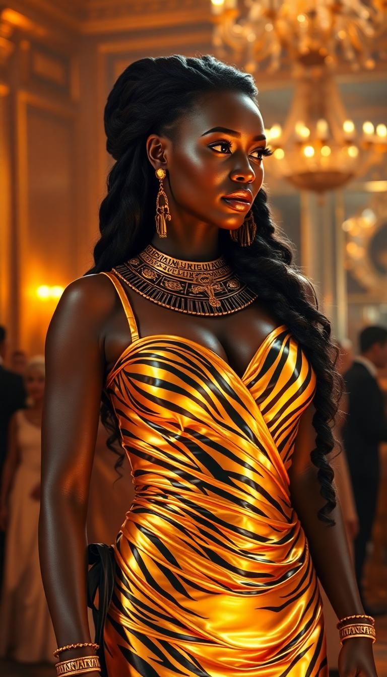 A commanding Nubian woman in her mid-40s stands as the regal centerpiece of a lavish scene, her rich, dark skin glowing with a warm, radiant sheen under the golden, ambient lighting of a grand ballroom. She exudes unyielding power and elegance, adorned in a striking gold and black tiger striped latex corseted evening gown with intricate, crisscrossing straps, paired with matching long gloves. The glossy, futuristic material reflects light with a mirror-like sheen, contrasting beautifully with the classical draped design that accentuates her statuesque, powerful form. Her shimmering black hair cascades down her back, catching the light with a faint metallic glint, while elegant Egyptian-themed jewelry adorns her: a wide, ornate gold collar necklace engraved with hieroglyphics, dangling ankh earrings, and stacked bangles that gleam against her skin. Her lips, nails, and eye makeup shimmer in gold, lending a divine, otherworldly aura to her commanding presence.

She stands with an air of authority in an opulent hotel ballroom, a space brimming with intricate details: sparkling crystal chandeliers casting a warm, amber glow, polished marble floors reflecting soft light, and towering arched windows framed by heavy velvet curtains in deep burgundy. The room hums with elegantly dressed partygoers in luxurious gowns of satin and silk and tailored suits, mingling with champagne flutes in hand, their soft laughter and murmurs creating a lively yet refined atmosphere. The composition is framed from a low-angle perspective, emphasizing her dominance and towering presence, with the woman positioned slightly off-center as the undeniable focal point. The bustling crowd forms a dynamic, softly blurred background, enhancing her prominence through a shallow depth of field.

The mood is sophisticated and regal, set during a glamorous evening event, with warm, cinematic lighting enriching a palette of gold, ruby, and emerald jewel tones. Rendered in a hyper-realistic style with cinematic precision, inspired by the dramatic chiaroscuro of Baroque portraiture, the image captures intricate textures—glossy latex reflecting light with sharp highlights, shimmering white hair with delicate metallic glints, and luxurious fabrics with subtle folds and creases. The woman's piercing gaze and meticulously detailed attire command attention, while the dreamy, blurred elegance of the ballroom creates a captivating contrast. The overall atmosphere blends timeless grandeur with futuristic opulence, evoking a sense of unyielding authority and divine sophistication.