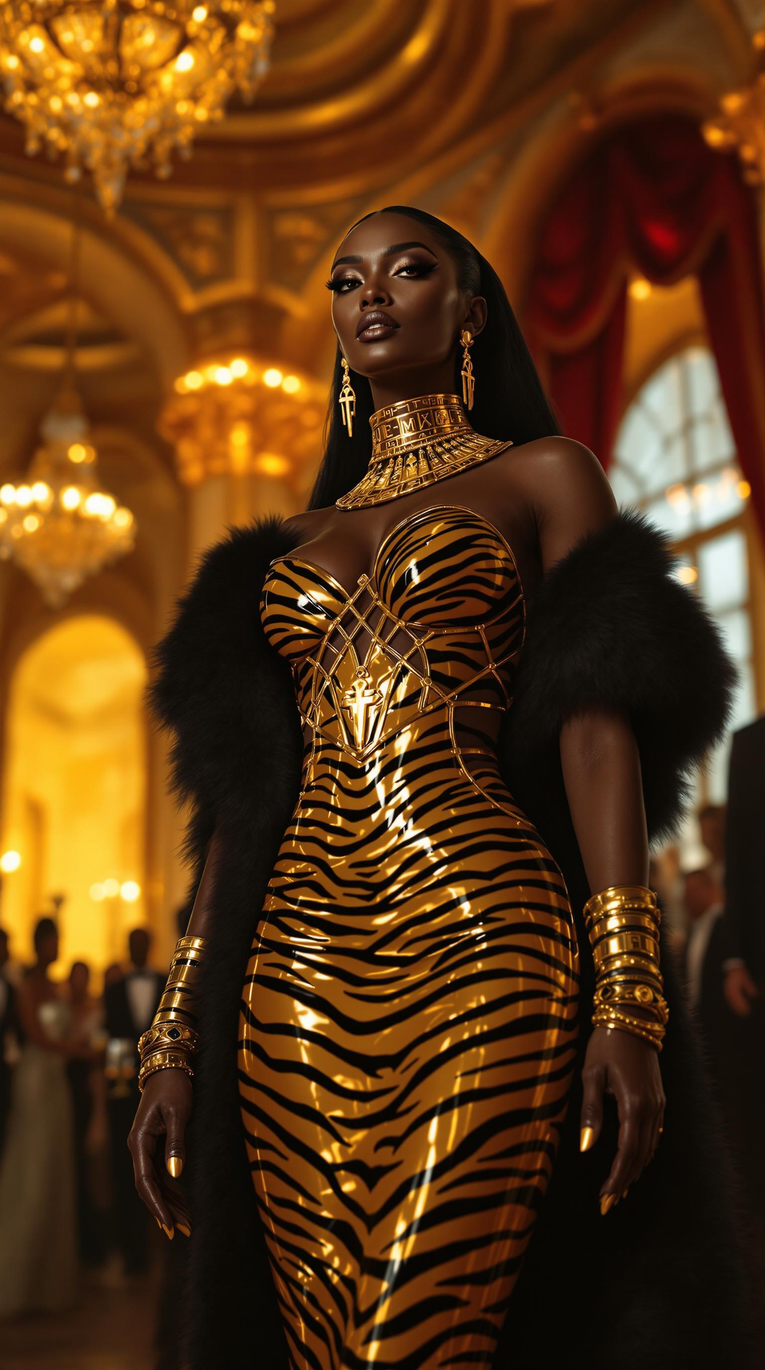 A commanding Nubian woman in her mid-40s stands as the regal centerpiece of a lavish scene, her rich, dark skin glowing with a warm, radiant sheen under the golden, ambient lighting of a grand ballroom. She exudes unyielding power and elegance, adorned in a striking gold and black tiger-striped latex corseted evening gown with intricate, crisscrossing straps that sculpt her statuesque, powerful form. The glossy, futuristic material reflects light with a mirror-like sheen, contrasting with the classical draped design of the gown, while long matching gloves enhance her commanding silhouette. A shiny black mink stole drapes over her bare shoulders, adding a layer of luxurious texture. Her shimmering black hair cascades down her back, catching the light with a faint metallic glint, and elegant Egyptian-themed jewelry adorns her: a wide, ornate gold collar necklace engraved with hieroglyphics, dangling ankh earrings, and stacked bangles that gleam against her skin. Her lips, nails, and eye makeup shimmer in gold, lending a divine, otherworldly aura to her piercing gaze and authoritative presence.

She stands with an air of dominance in an opulent hotel ballroom, a space brimming with intricate details: sparkling crystal chandeliers casting a warm, amber glow, polished marble floors reflecting soft light, and towering arched windows framed by heavy velvet curtains in deep burgundy. The room hums with elegantly dressed partygoers in luxurious gowns of satin and silk and tailored suits, mingling with champagne flutes in hand, their soft laughter and murmurs creating a lively yet refined atmosphere. The composition is framed from a low-angle perspective, emphasizing her towering presence and dominance, with the woman positioned slightly off-center as the undeniable focal point. The bustling crowd forms a dynamic, softly blurred background, achieved through a shallow depth of field, enhancing her prominence and drawing the eye to her meticulously detailed attire.

The mood is sophisticated and regal, set during a glamorous evening event, with warm, cinematic lighting enriching a palette of gold, ruby, and emerald jewel tones. Rendered in a hyper-realistic style with cinematic precision, inspired by the dramatic chiaroscuro of Baroque portraiture, the image captures intricate textures—glossy latex reflecting light with sharp highlights, the soft, lustrous fur of the mink stole, shimmering black hair with delicate metallic glints, and luxurious fabrics with subtle folds and creases. The interplay of light and shadow accentuates the woman’s commanding features, while the dreamy, blurred elegance of the ballroom creates a captivating contrast. The overall atmosphere blends timeless grandeur with
