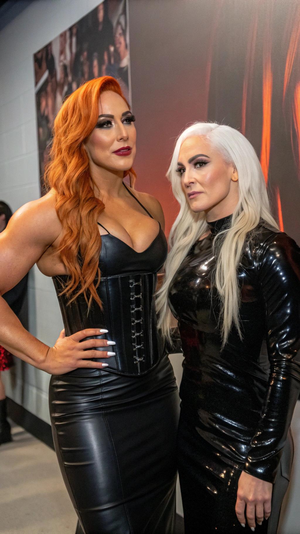 A breathtaking portrait of wrestler Becky Lynch and a striking white-haired woman, embodying dark elegance and contrasting allure, captured in a hyper-realistic digital painting style with meticulous attention to detail. Becky Lynch stands as the central figure, radiating raw power and sophistication in a shiny black latex evening gown, paired with a tight black latex corset that accentuates her powerful form and ample cleavage, the glossy, reflective surface catching the light with a bold, edgy sheen. Her short, spiky black hair shines under the warm, golden glow of opulent ballroom chandeliers, framing her piercing blue eyes that burn with an intense, commanding gaze. Her gothic makeup is striking—heavy dark eyeshadow with smoky, smudged edges, glossy black lipstick contrasting her pale, porcelain skin, and long, glossy black nails adding a sharp, menacing edge. Lavish emerald and gold jewelry adorns her form—intricate bracelets on her wrists, a tight choker necklace hugging her throat, ornate rings glinting on her fingers, and dangling earrings shimmering with every subtle movement, each detail rendered with exquisite precision and hyper-realistic texture.

Beside her, a shorter white-haired woman exudes a contrasting yet complementary allure, dressed in a shiny blue latex corseted evening gown, the material clinging to her form with a reflective, almost liquid-like texture, emphasizing every curve with a futuristic, otherworldly sheen. Her vivid ruby jewelry—necklace, earrings, and rings—glints like fire under the ambient light, perfectly matching her blood-red painted lips and claw-like nails, which add a dangerous, predatory charm, each detail meticulously highlighted with stunning clarity and depth.

The scene unfolds in a luxurious ballroom of timeless grandeur, with ornate golden chandeliers casting a warm, ambient glow across the space, creating soft highlights and subtle shadows. Polished marble floors reflect delicate glimmers of light, producing a mirror-like effect beneath their feet, while rich crimson velvet drapes frame the background, adding regal depth and theatrical drama to the composition. The layout is masterfully crafted, with Becky Lynch as the dominant central figure, captured from a slight low angle to emphasize her towering, powerful presence, her posture commanding and unyielding. The white-haired woman stands slightly to the side, her elegant yet submissive posture creating a balanced, dynamic duo that draws the eye, their positioning highlighting their contrasting energies in a harmonious yet striking frame.

The mood is one of dark opulence and cinematic intensity, set during the late evening under the golden glow of the ballroom, with an atmosphere of mystery and allure perme