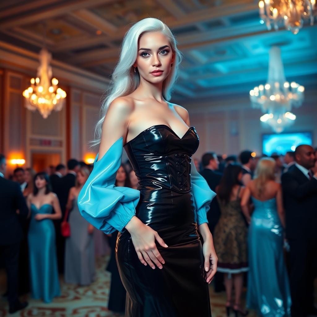 Long White hair, slim 19-year-old woman. Tightly cinched black latex corset. And a floor length sky blue shiny latex evening gown with puffy sleeves. Standing in an elegant hotel ballroom populated by many other elegantly dressed partygoers 