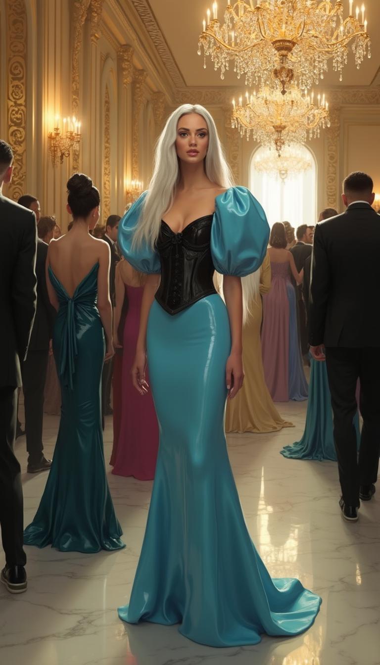 A stunning 19-year-old woman with long, flowing white hair cascading down her shoulders, her slim figure accentuated by a tightly cinched black latex corset. She wears a floor-length, sky blue shiny latex evening gown with dramatic puffy sleeves that catch the light with a glossy sheen. The scene is set in an opulent hotel ballroom, adorned with crystal chandeliers casting a warm golden glow, intricate gilded detailing on the walls, and polished marble floors reflecting the elegance of the setting. She stands confidently in the center of the composition, slightly angled to the side, with a poised and graceful posture, as if captured mid-conversation. Surrounding her are numerous elegantly dressed partygoers in luxurious gowns and tailored suits, their muted jewel tones and soft metallics creating a harmonious backdrop. The camera angle is slightly low, emphasizing her commanding presence, with a shallow depth of field to softly blur the background figures. The mood is sophisticated and enchanting, evoking a sense of timeless glamour, with the atmosphere of a grand evening gala under warm, ambient lighting. Rendered in a hyper-realistic digital painting style, with meticulous attention to the reflective textures of latex, the intricate folds of fabric, and the interplay of light and shadow across the scene.