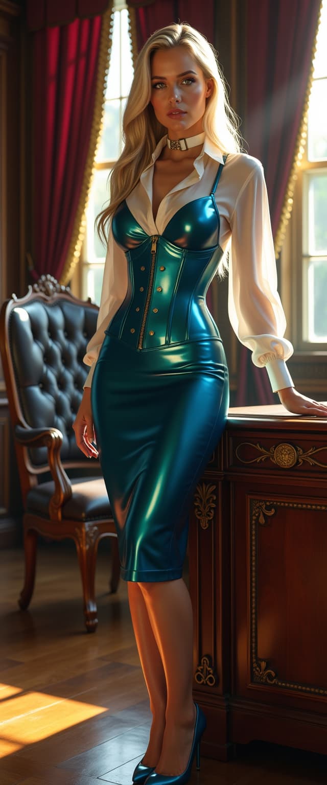 A striking portrait of a woman with pale blonde hair cascading down her back in long, silky waves, her bright emerald eyes piercing and captivating. She wears a delicate sapphire blue silk blouse tucked into a shiny sapphire latex corset that cinches her waist, paired with a glossy sapphire blue latex knee-length pencil skirt that hugs her form. Her ensemble is completed by shiny sapphire blue high-heeled shoes, reflecting subtle glints of light, and a white leather dog collar adorning her throat, adding an edge of contrast to her elegance. The scene is set in an opulent Victorian office, adorned with rich mahogany furniture, intricate gold detailing on the walls, and heavy velvet drapes in deep burgundy framing tall windows. Sunlight streams through, casting warm golden hues across the polished wooden floor and highlighting the textures of her glossy attire. The composition focuses on her standing confidently near an ornate desk, one hand resting lightly on its edge, her posture poised and commanding. The camera angle is slightly low, emphasizing her dominance in the frame, with a shallow depth of field to softly blur the background and keep the focus on her. The mood is a blend of sophistication and subtle rebellion, with an atmosphere of timeless elegance bathed in the soft, diffused light of a late afternoon. Rendered in a hyper-realistic style with photorealistic attention to detail, capturing every sheen of latex, the delicate flow of silk, and the intricate Victorian decor, reminiscent of high-end fashion photography with a cinematic quality.