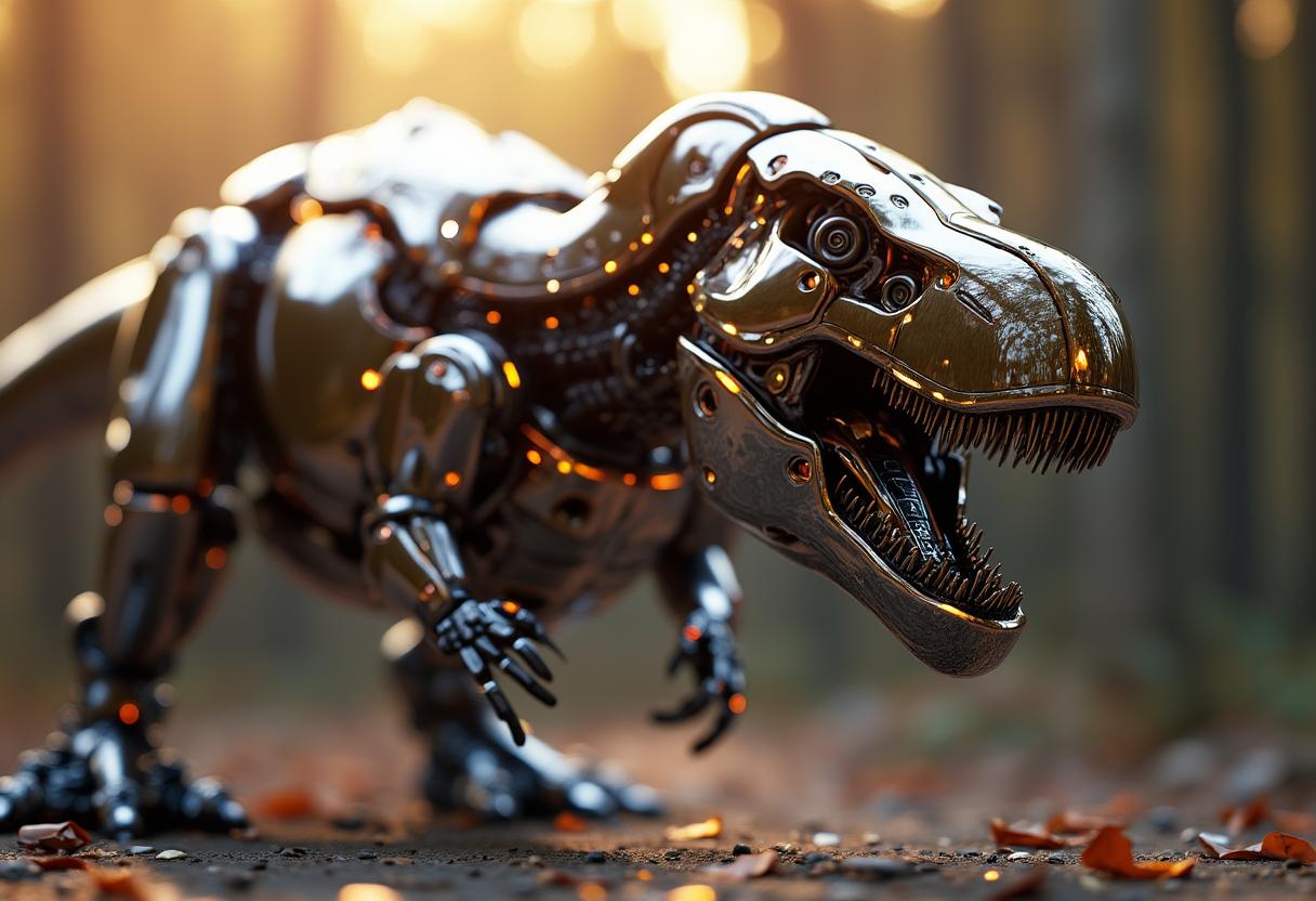 Modern Robotic T-Rex , computer wallpapers, in the style of futurist mechanical precision, xiaofei yue, [dark purple and light gold], unreal engine 5, close-up, metallic rotation, sunrays shine upon it
