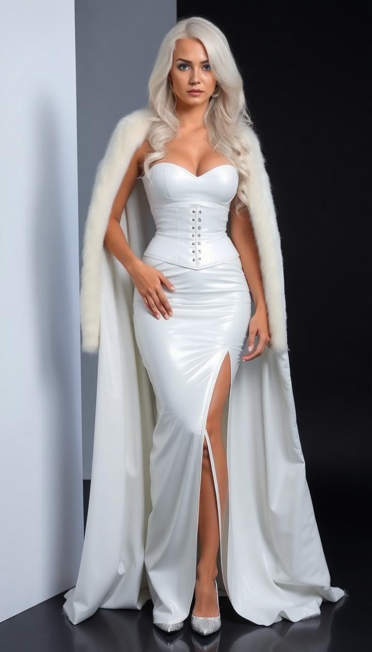 Mid 30s, pale woman. Lots of  Shock white hair in long waves down her back. Blue eyes. A shiny white latex corset, over a floor length shiny white latex evening gown with a slit up to hip. She wears tall shiny white latex heels. Draped over her shoulder is a white fur trimmed floor length shiny white latex cape
