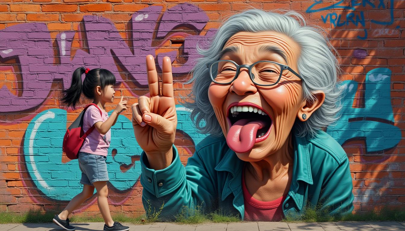 full view grafitti  colorfull of a pixar style 85 year old granny airbrushed on a brick wall, she is doing the hang loose sign with her fingers, she is doubled over with laughter sticking out her tongue,, cool bg, 3D pixar. there is a cute Asian girl walking by the wall