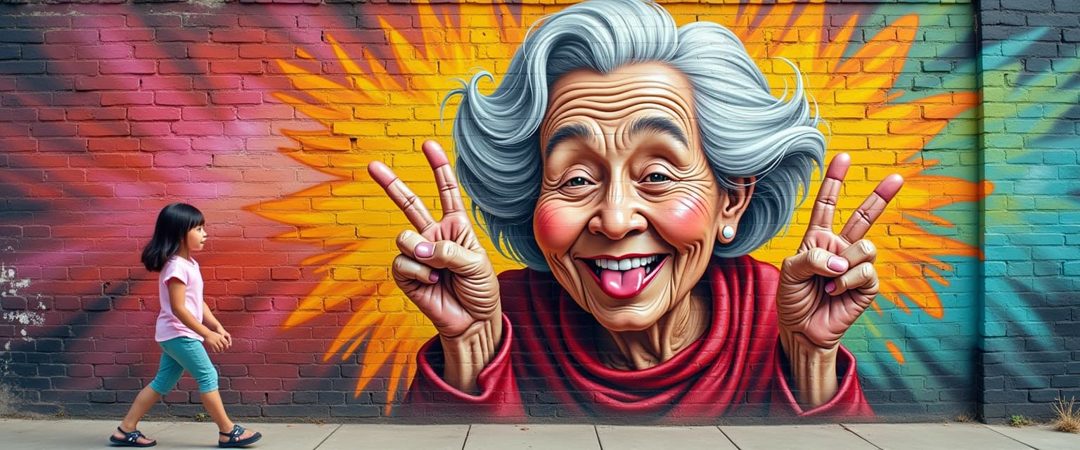 full view grafitti  colorfull of a pixar style 85 year old granny airbrushed on a brick wall, she is doing the hang loose sign with her fingers, she is doubled over with laughter sticking out her tongue,, cool bg, 3D pixar. there is a cute Asian girl walking by the wall
