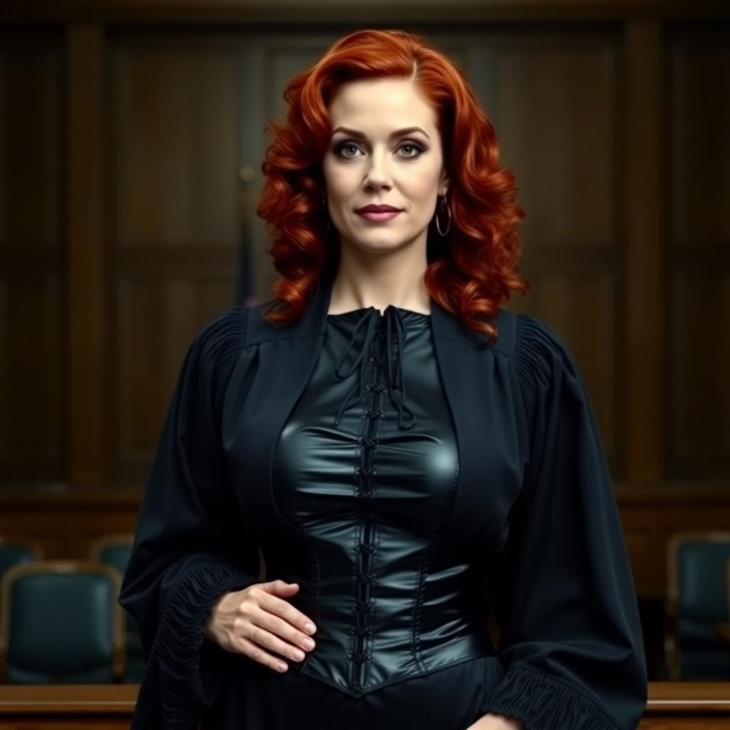 Mature mid 30s woman, dressed in shiny black latex judges robes with a shiny black latex corset. Her hair crimson waves and curls. Standing in an old courtroom 