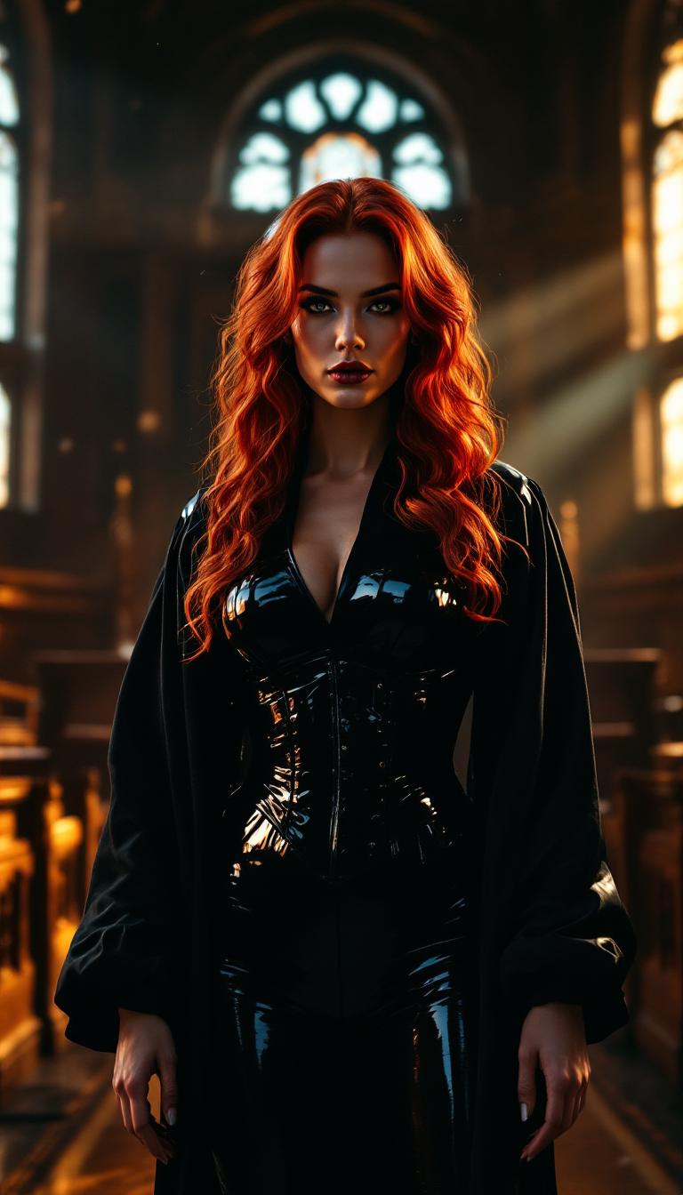 A striking mid-30s woman, exuding authority and confidence, stands at the center of an ancient, dimly lit courtroom. She is dressed in sleek, shiny black latex judge's robes that catch the light with a glossy sheen, paired with a form-fitting black latex corset that accentuates her commanding presence. Her crimson hair cascades in voluminous waves and curls, framing her face with a fiery intensity. The courtroom is steeped in history, with dark wooden paneling, ornate carvings on the judge's bench, and rows of worn pews stretching into the background. Dust motes dance in the soft, golden light streaming through tall, arched windows, casting long shadows across the polished floor. The composition focuses on the woman as the central figure, captured from a low angle to emphasize her dominance and power, with the courtroom's grandeur fading into a slightly blurred background. The mood is dramatic and imposing, with a somber, almost gothic atmosphere, evoking a sense of timeless authority. Rendered in a hyper-realistic style with attention to the reflective textures of latex, the intricate details of the courtroom's architecture, and the interplay of light and shadow, reminiscent of classic oil paintings from the Baroque era.